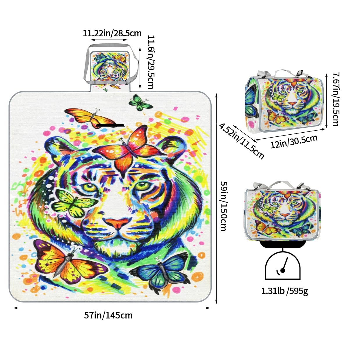 Shimoshe Picnic Blankets 57”x 59”, Butterfly Tiger Waterproof Sandproof Picnic Mat Lightweight Foldable Beach Blanket for Camping Park Grass Beach Outdoor Blanket