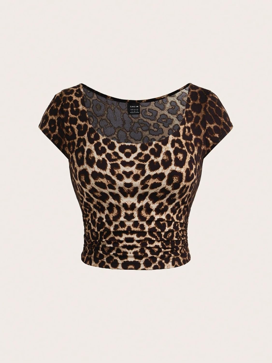 Floerns Women's Leopard Print Square Neck Short Sleeve Ruched Slim Fit Crop Casual Tee Tops - Image 3