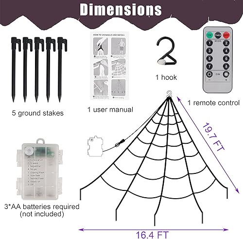 Miniatura 2 de Joliyoou 200 luces LED gigantes de telaraña, 19.7 pies x 16.4 pies, telaraña de Halloween con luces naranjas y moradas, 8 modos de telaraña con