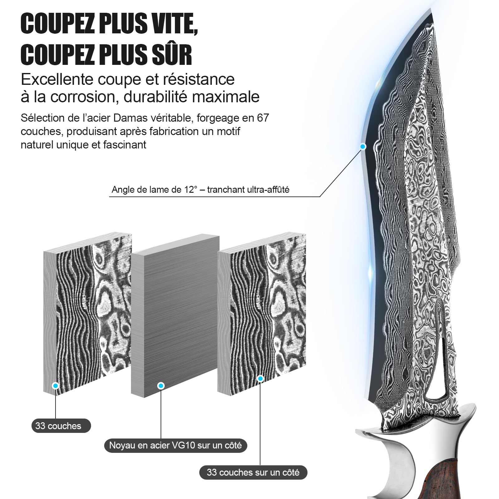 Couteau outdoor lame fixe 26,4 cm, couteau artisanal avec étui en cuir, acier damas 67 couches avec noyau VG10 et manche en bois, outil pour camping, bushcraft et activités en plein air