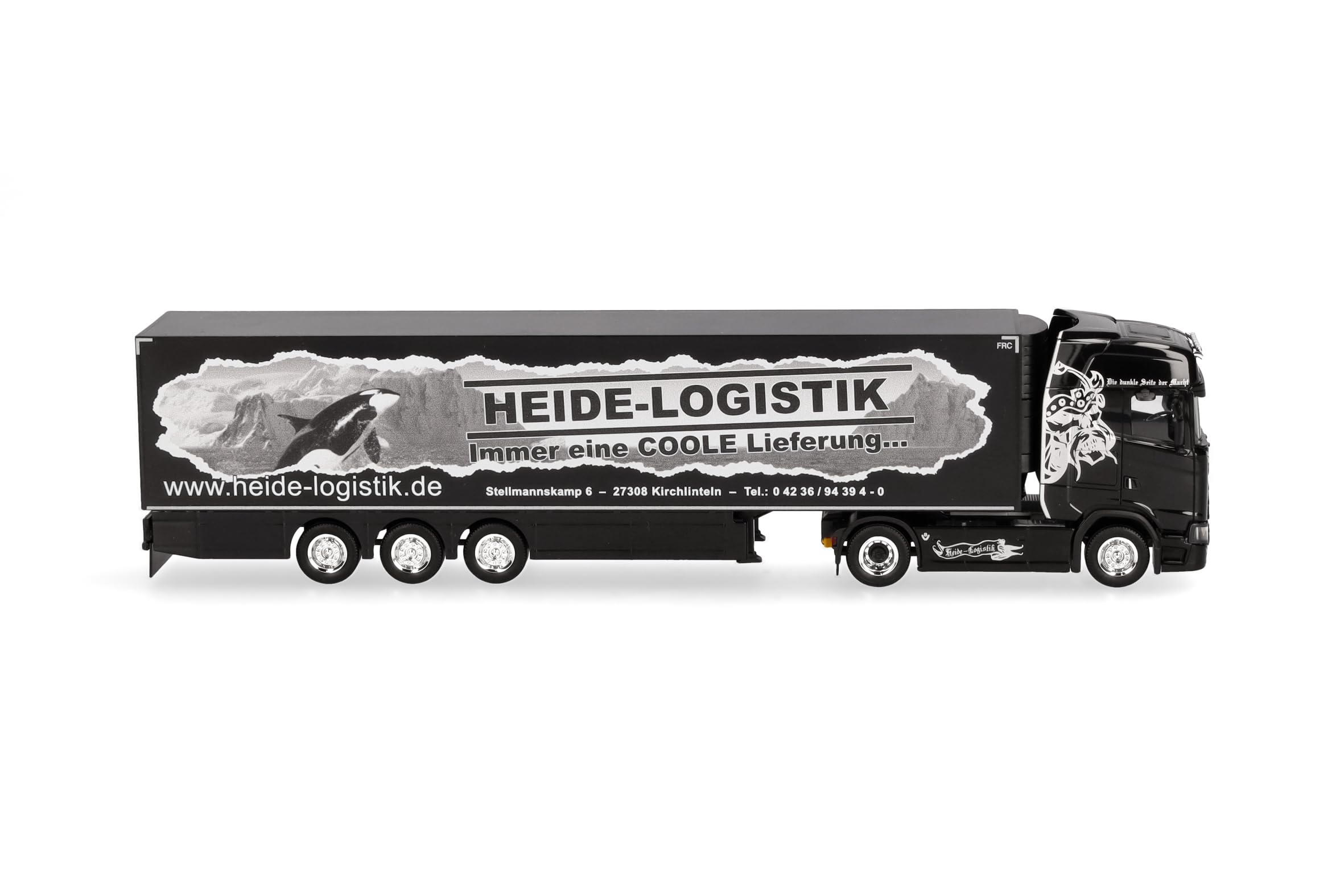 Herpa Model ciężarówki Scania CS 20 HD naczepa chłodnia "Heide Logistik", miniatura w skali 1:87, kolekcjonerski, Made in Germany, plastik