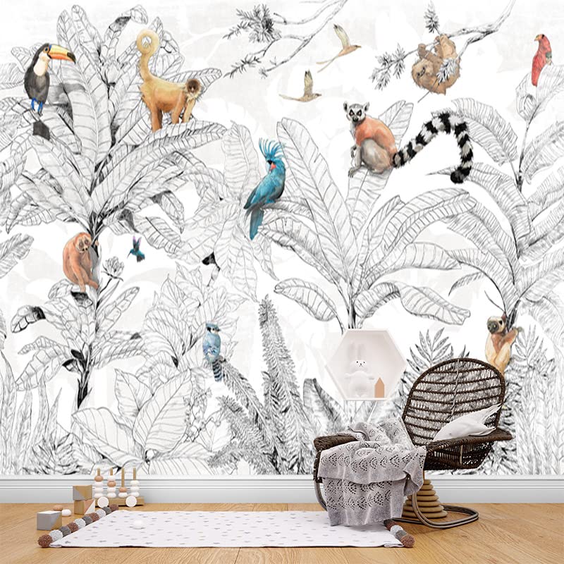 Fondos De Pantalla 3D Personalizados Mural Negro Y Blanco Selva Tropical Plátano Hoja Animales Para Salas De Estar Dormitorios Decoración Del Hogar 150Cm(W)×105Cm(H)