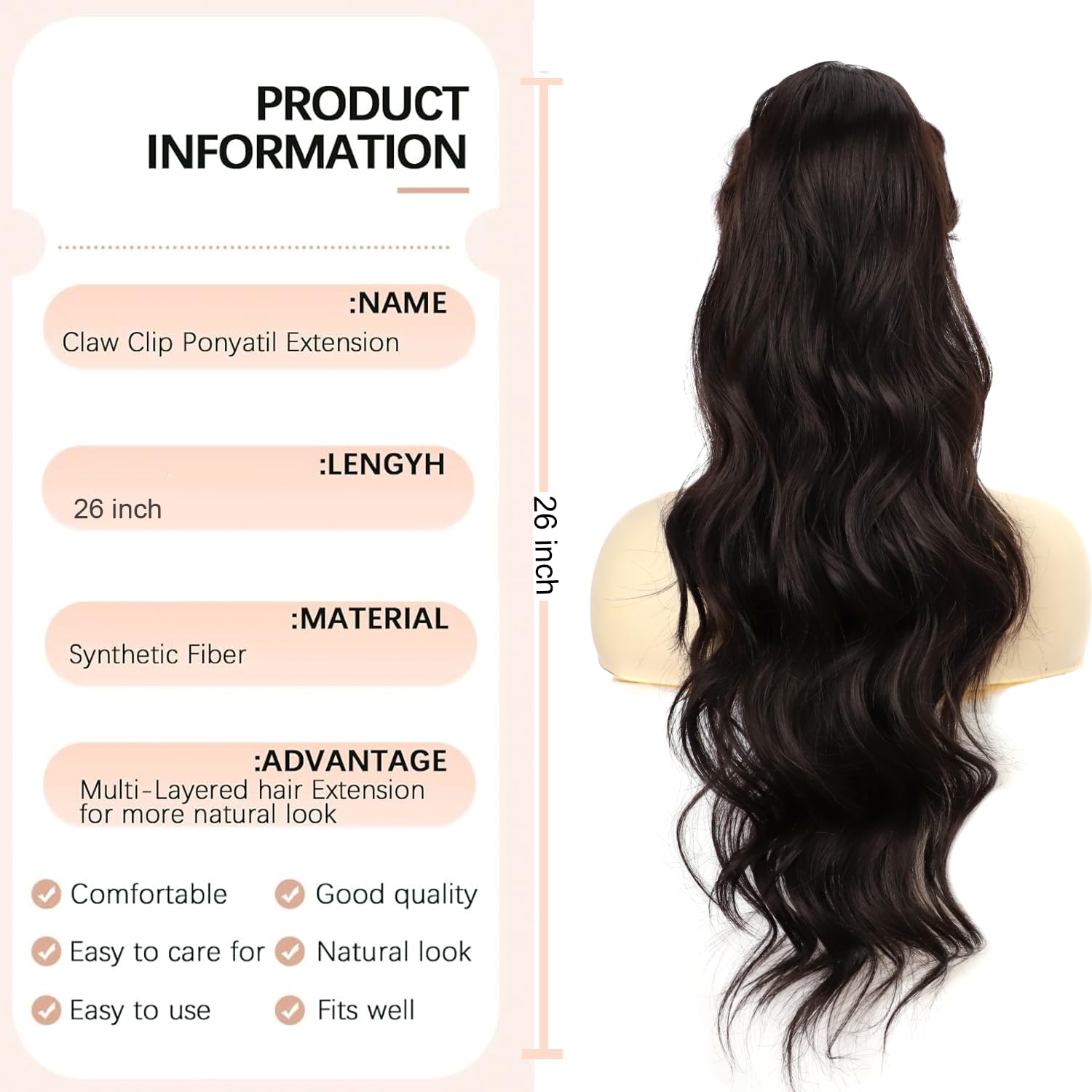 YEESHEDO Long Wavy Ponytail Hair Extension for Women Drawstring Ponytail Hair Extensions Clip in Curly Synthetic Hairpiece (Natural Black) - Image 3