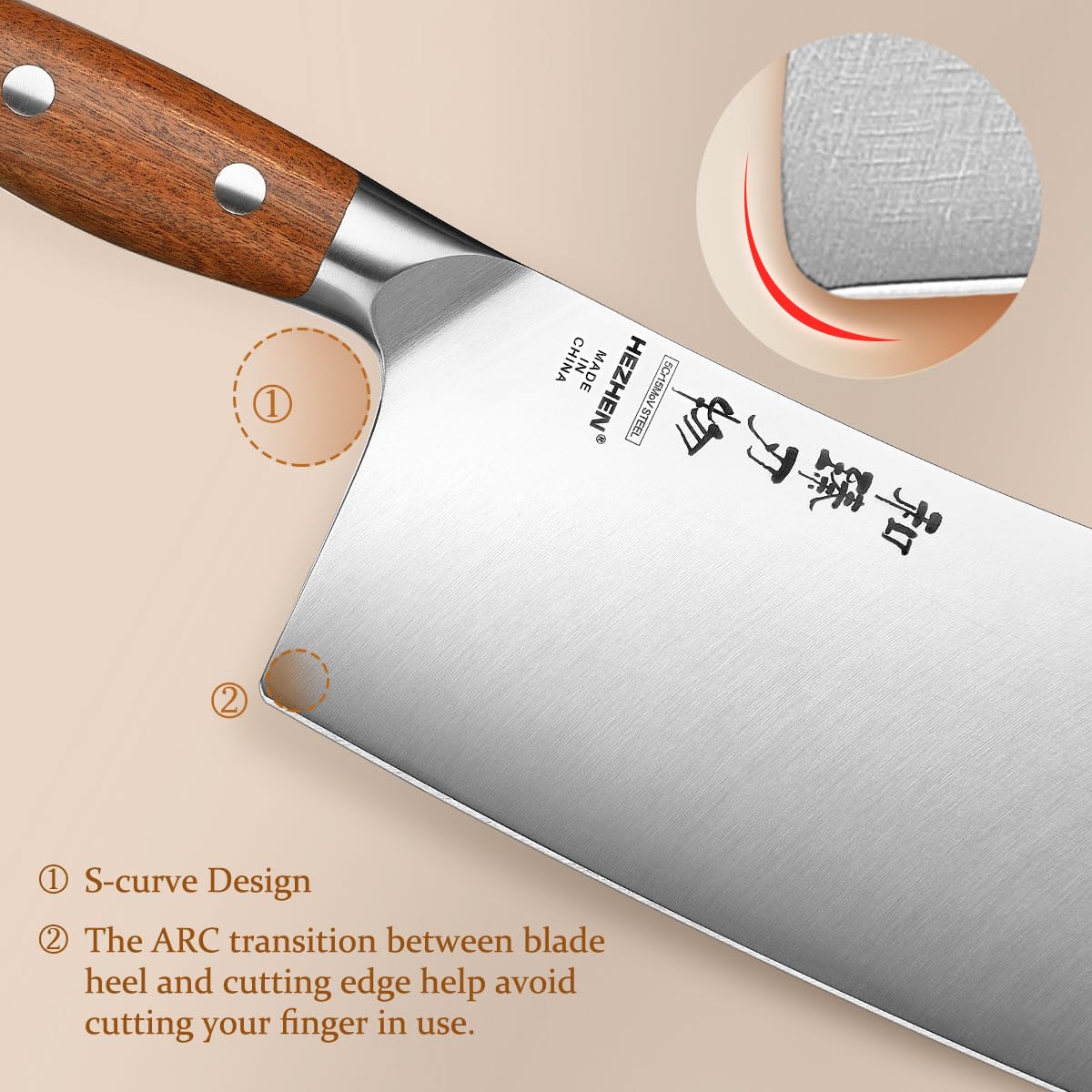 HEZHEN Couteau à Hacher Chinois, Couperet à Viande, Manche en Redwood