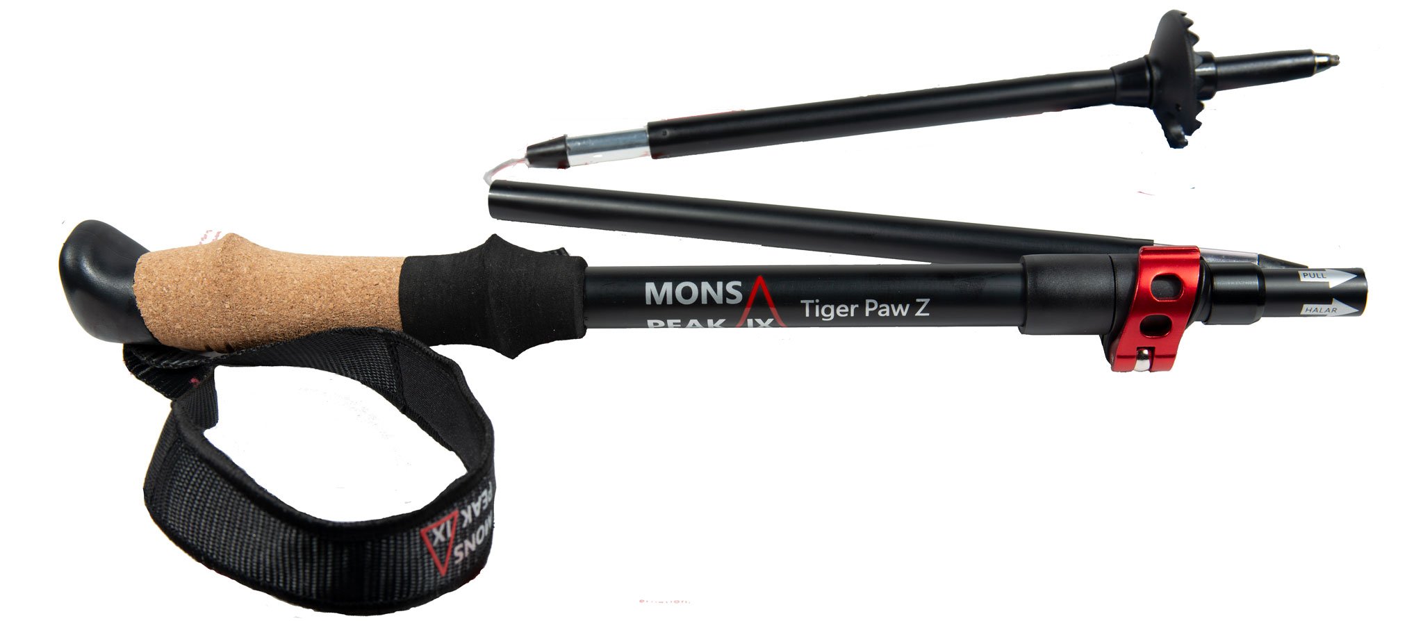 Mons Peak IX Tiger Paw Z-120 Trekking Poles for Hiking, Trail Running, Walking, Snowshoeing - Cork Grip Folding, Collapsible, Adjustable and Lightweight Poles (Tall up to 5'8