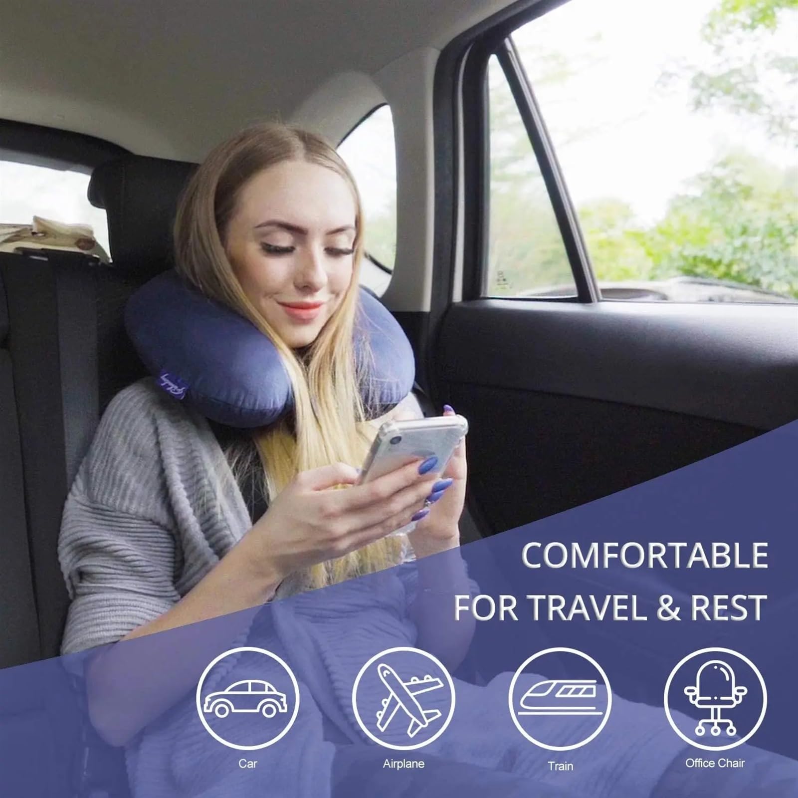 Nackenkissen Reisekissen Memory Foam Kopf-Nacken-Flugzeugkissen Reisen Auto Home Office Reise Flug Snap Strap Soft Cover Reisekissen(Blue)
