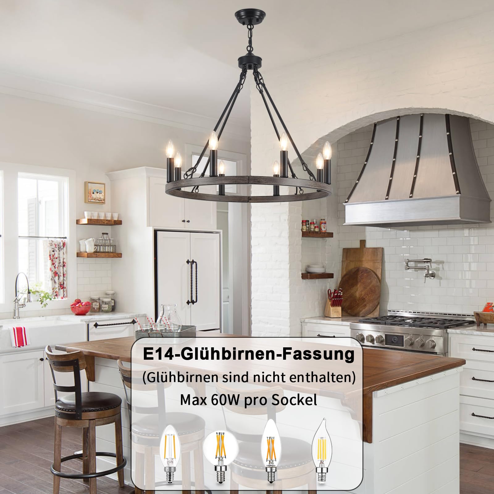 Kronleuchter Schwarz, 8 Flammig Vintage Kronleuchter Wagenrad Industrial Pendelleuchte Rustikal Hängelampe Deckenlampe Hängend für Wohnzimmer, Küche, Esstisch, Esszimmer,Schlafzimmer, Flur