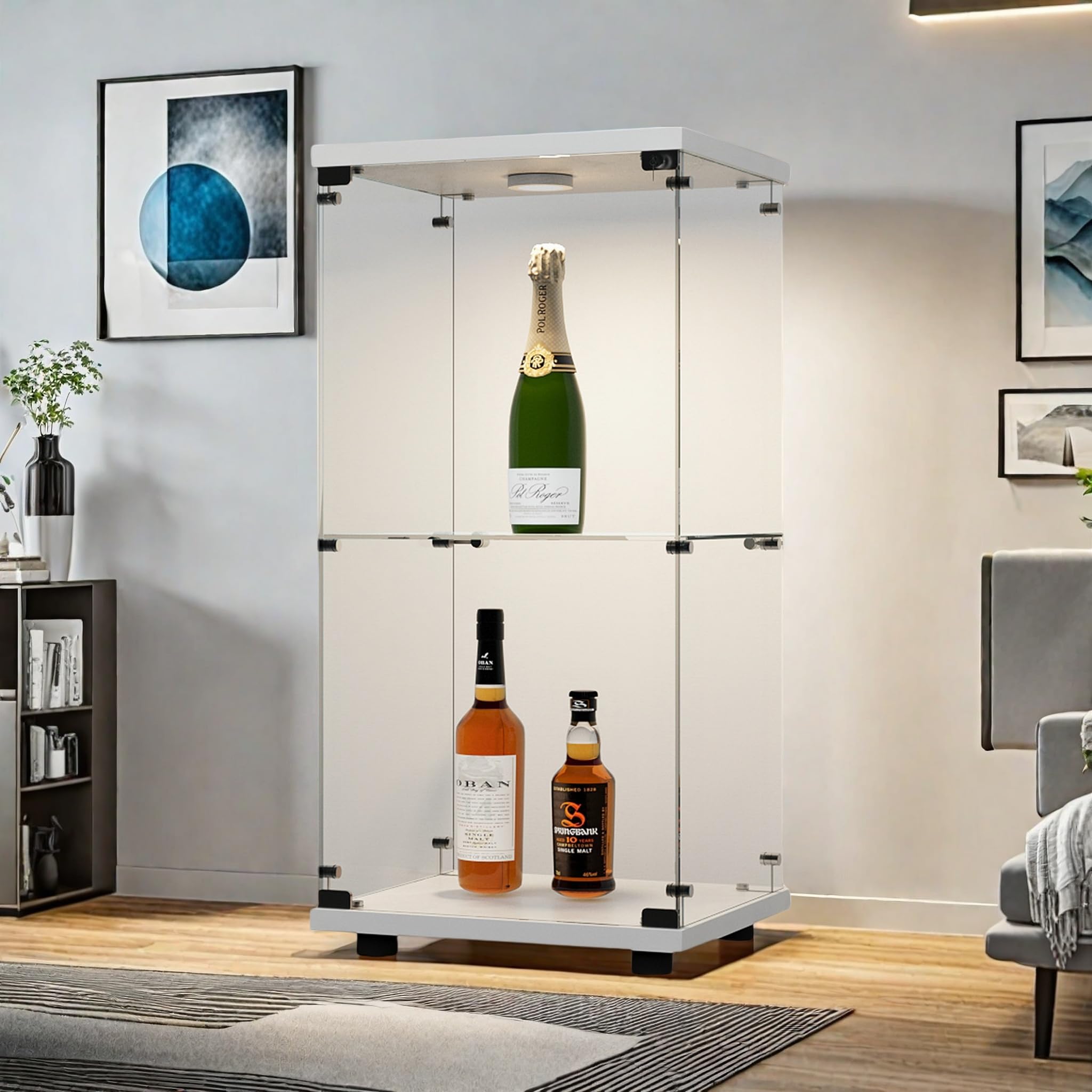 Vetrina in vetro, vetrina da collezione con LED, vetrina temperata moderna in vetro a 2 strati con serrature, trasparente vetrine su base per soggiorno, camera da letto, 40 x 36 x 86 cm (bianco)