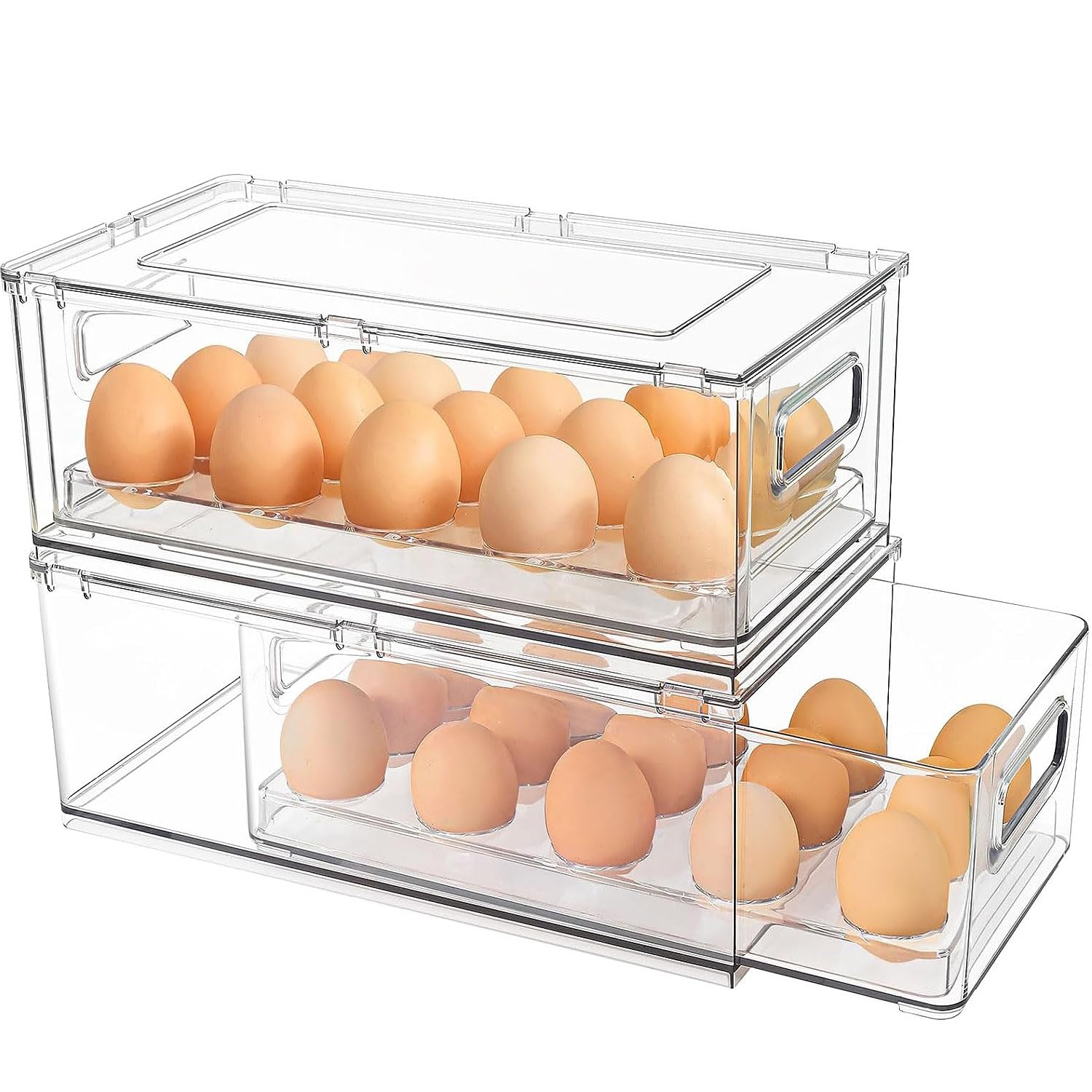 Refrigerator Organizer Bins with Pull-out Drawer, Large Stackable Fridge Drawer Organizer Set with Handle, BPA-free Drawable Clear Storage Cases for Freezer, Cabinet, Kitchen, Pantry Organization