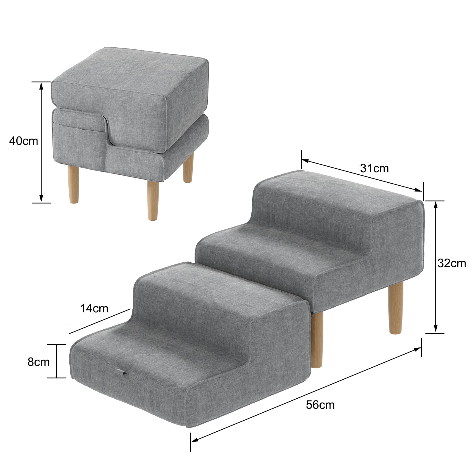 Scala per cani 2 in 1, pieghevole, per cani di piccola e grande, per divano e letto, 4 gradini, altezza 32 cm, colore grigio