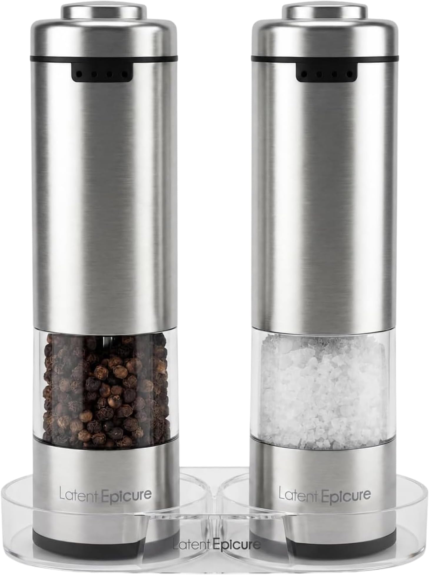 Battery Operated Salt and Pepper Grinder Set (Pack of 2 Mills) - Complimentary Mill Rest | Bright Light | Adjustable Coarseness |