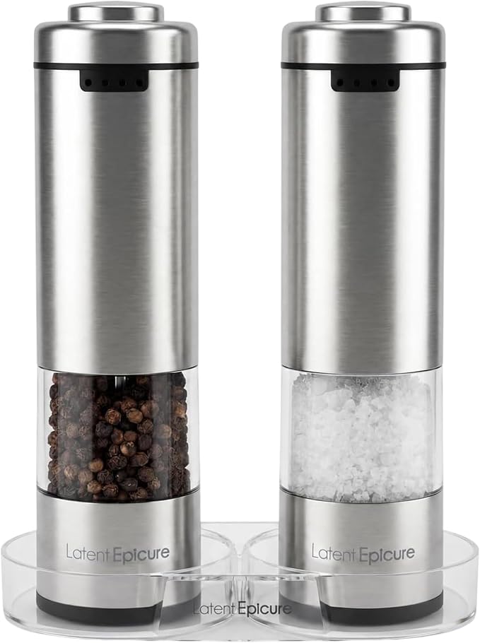 Latent Epicure Electric Salt and Pepper Grinder Set, USB-C Rechargeable Stainless Steel Mills with LED Light, Adjustable Ceramic Grinders...