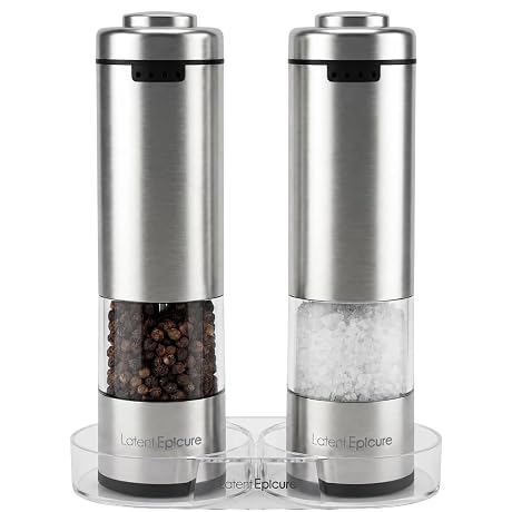 Latent Epicure Electric Salt and Pepper Grinder Set, USB-C Rechargeable Stainless Steel Mills with LED Light, Adjustable Ceramic Grinders and Acrylic Mill Rest Tray
