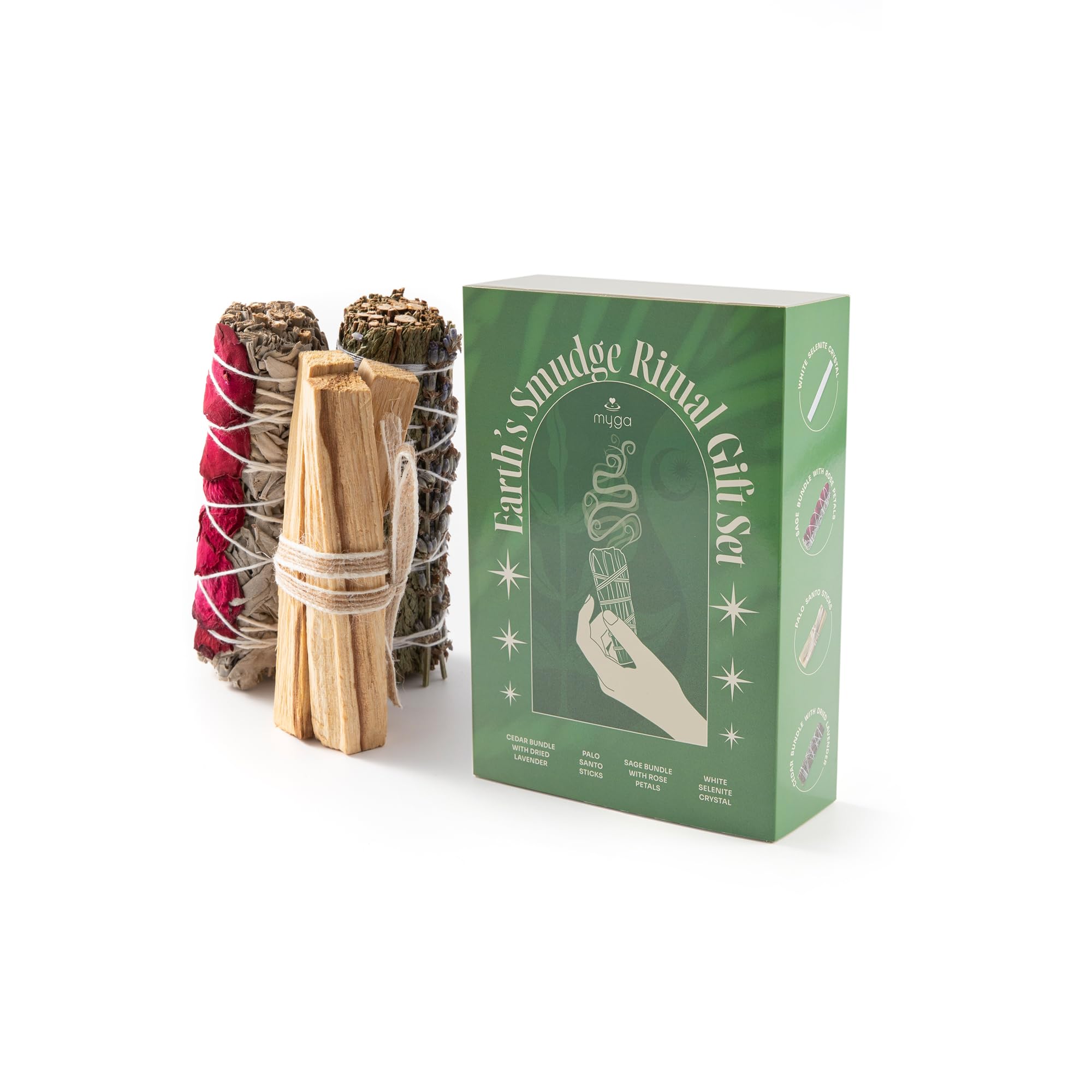 Myga Men's Natural Smudge Stick Gift Set - Spiritual Cleansing Kit With White Sage & Rose, Palo Santo, Cedar & Lavender & Selenite Crystal - Smudging Ritual, Meditation, Yoga & Wellness Gift For & Wo