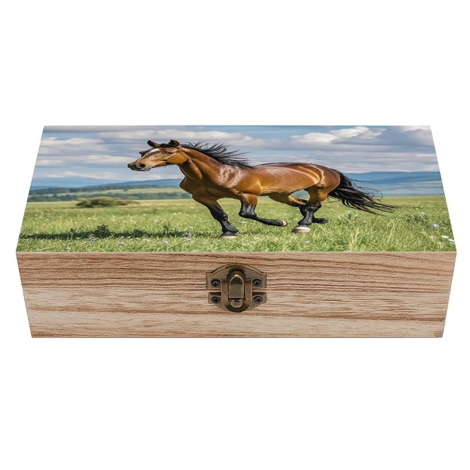 FekiLoot Horse Running in Field Wooden Storage Box Exquisite Wood Keepsake Box Vintage Wooden Gift Jewelry Case for Crafts And Photo Storage Boxes