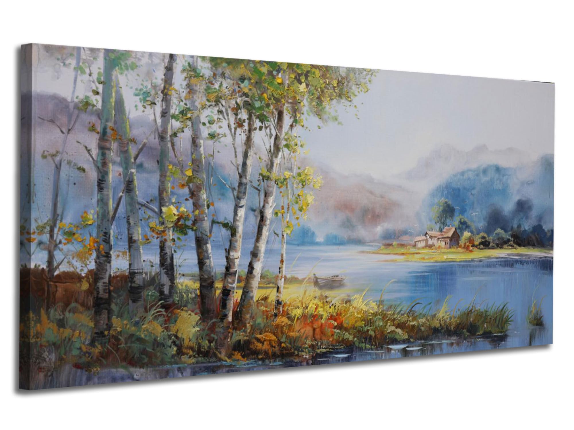 Arjun Landscape Wall Art Coutrysize River Painting Canvas, Tree Scenery Mountain Indigo Grey Textured Picture Frame Large Size Artwork for Living Room Bedroom Bathroom Office Home Wall Decor, 40"x20"