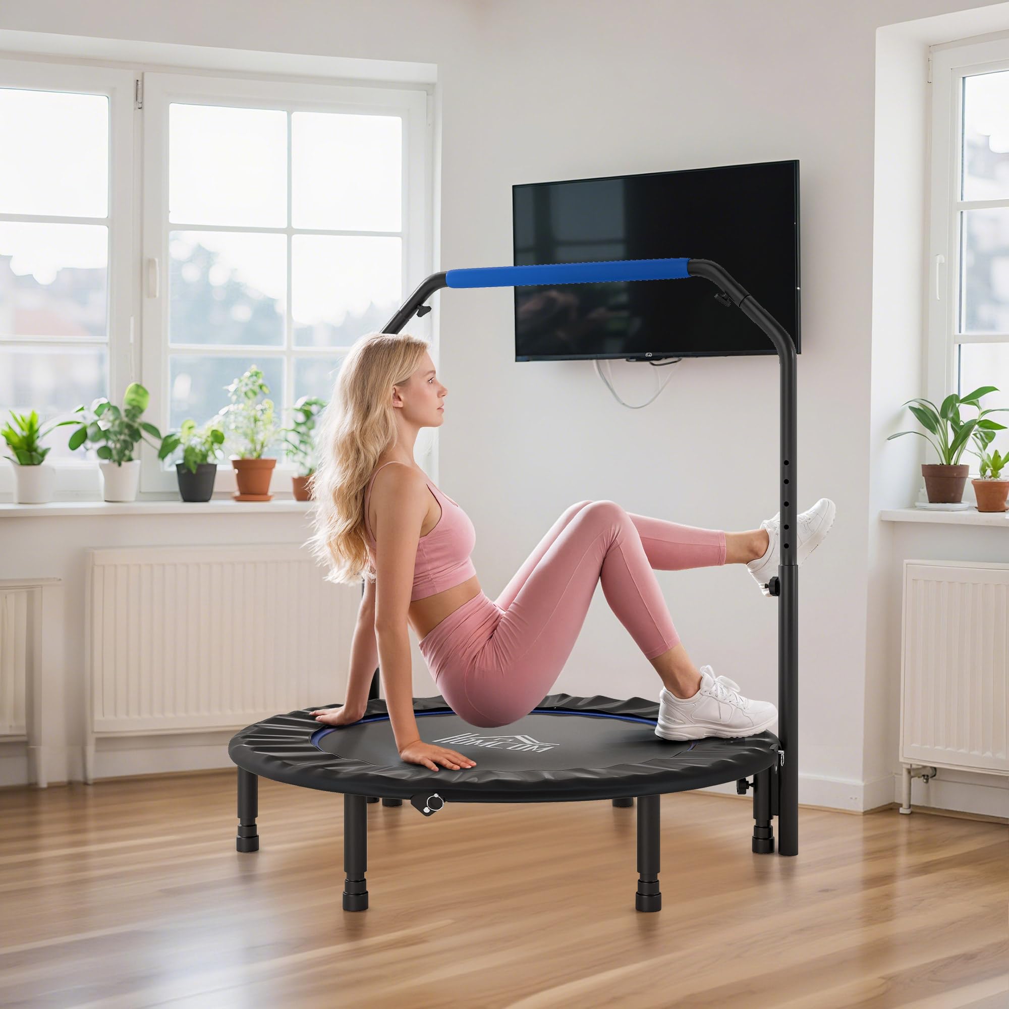 HOMCOM Trampolín de Fitness Adultos Ø102/114/122 cm, Cama Elástica Plegable con Mango Ajustable de 4 Niveles, Marco de Acero, para Entrenamiento Piernas, Cuerpo en Hogar, Oficina, Gimnasio