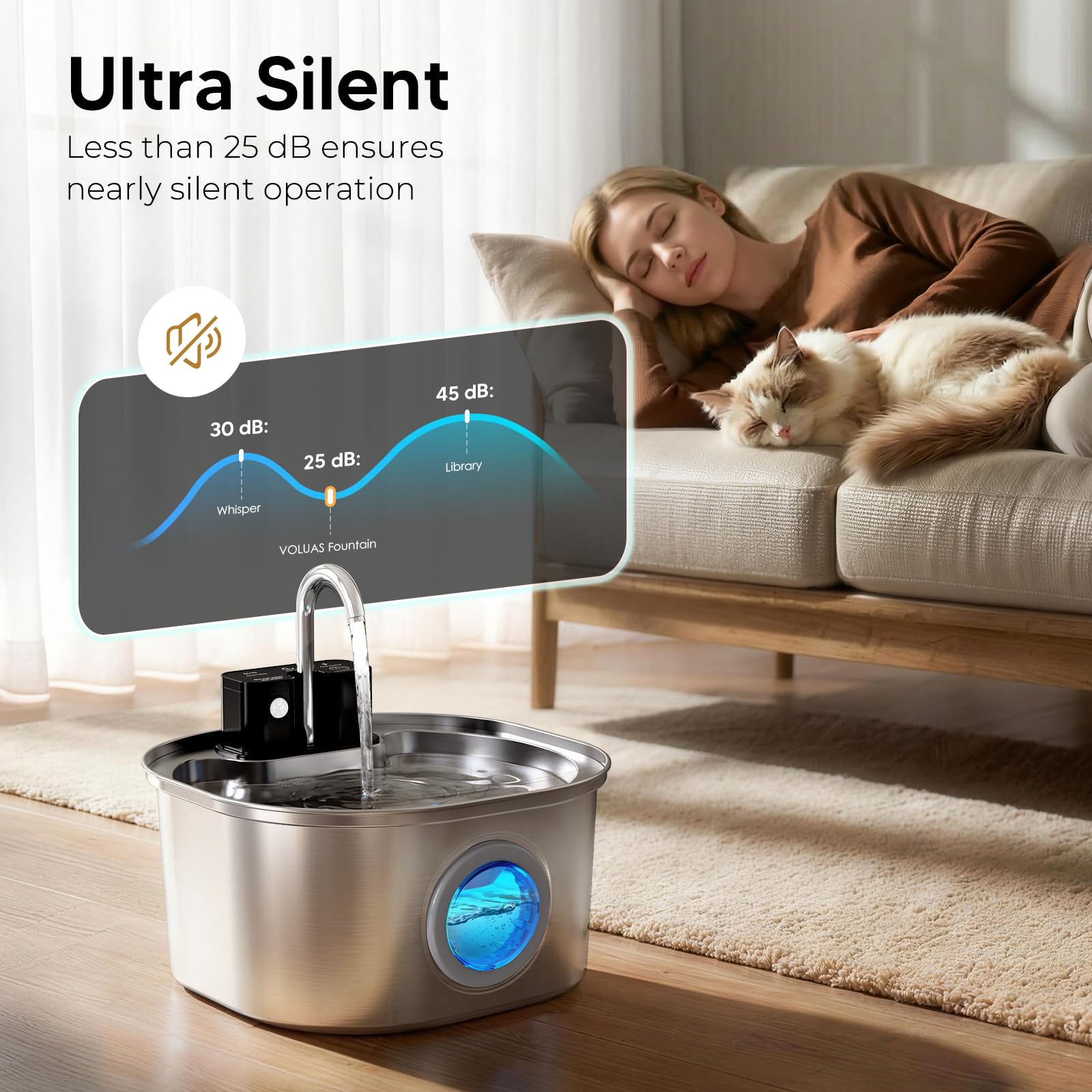 Voluas Stainless Steel Cat Water Fountain: 108oz/3.2L Wireless Cat Fountain Battery Operated for Drinking Indoor, Automatic Pet Water Dispenser Bowl with Ultra Quiet Pump, Easy Clean BPA-Free, 4Filter - image 3