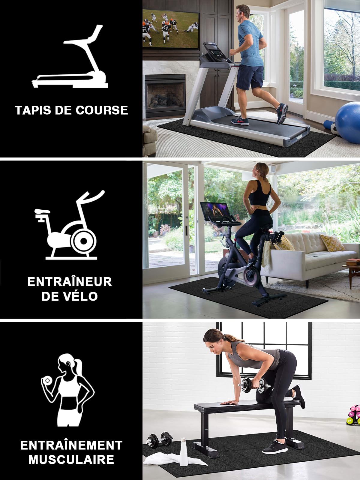 Tapis de protection de sol pour appareil de fitness, 160x75 cm, 6 mm d'épaisseur Tapis de fitness pliable en PVC pour moquettes et parquets, antidérapant et imperméable, compatible avec tapis