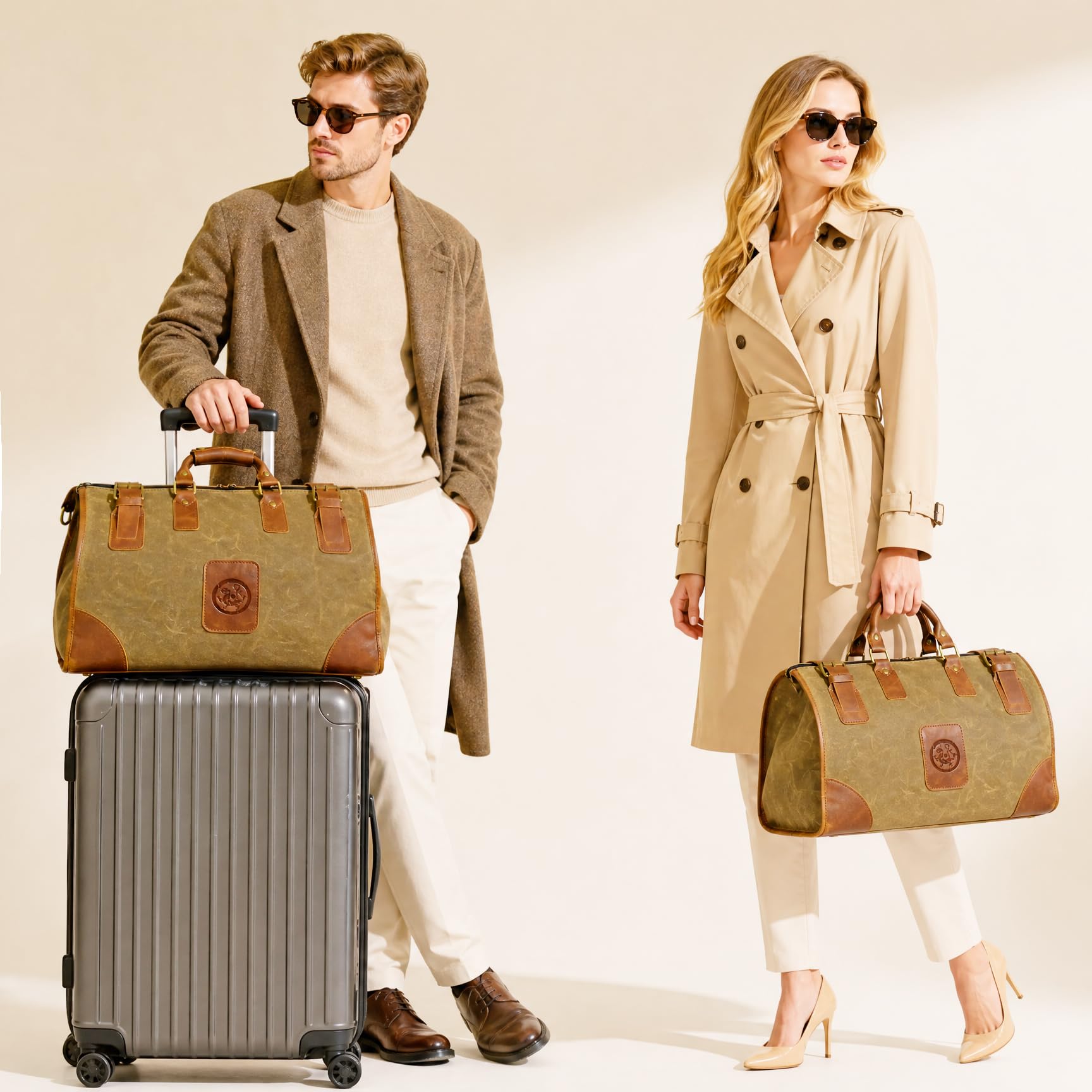Wasserabweisend Canvas Crazy Horse Leder Reisetasche 35L Trim Unisex Handgepäck Weekender Tasche Sporttasche für Reise Wochenende Urlaub FB8151 (Hellbraun)