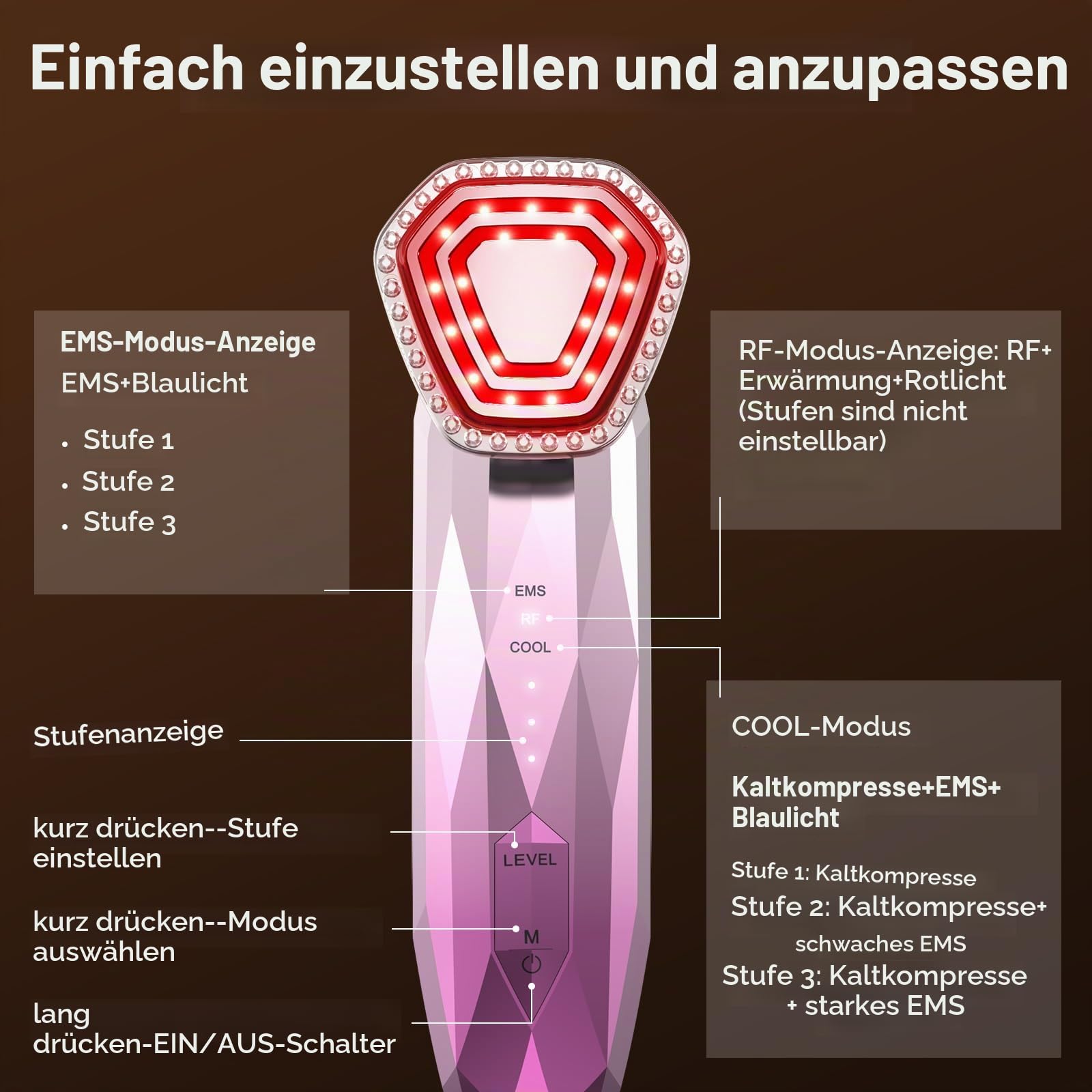 Radiofrequenz Gerät Gesichtsmassagegerät, 6 IN 1 EMS Gerät Gesicht Anti Aging Gesichts Massagegerät 3MHz RF Rotes blaues Licht, Gesichtsstraffungsgerät für Hautstraffung Hautpflege zu Hause