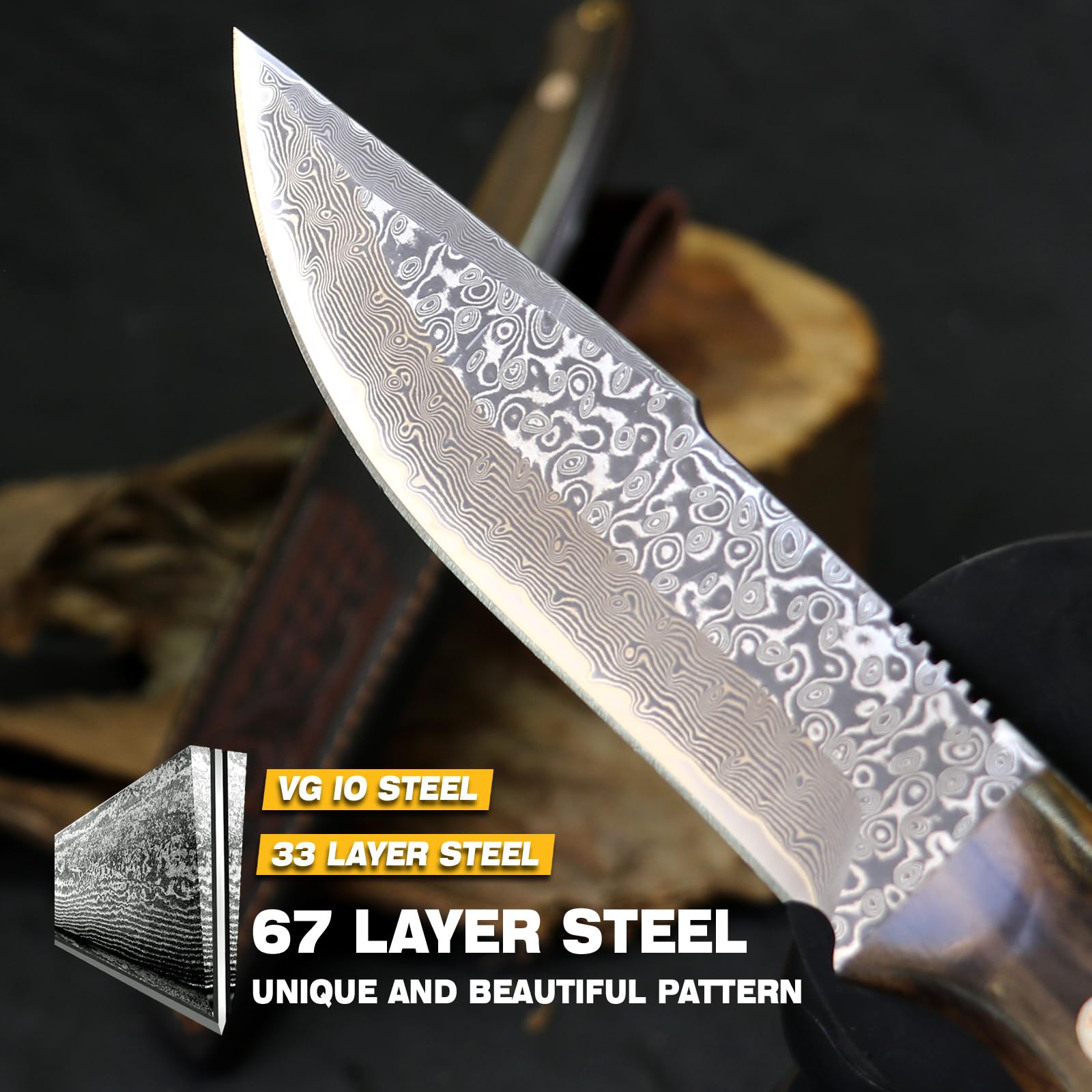 Damast Jagdmesser Handgeschmiedet - 23,5 cm Outdoor Gürtelmesser Full Tang aus 77 Lagen Damaszener Stahl, Feststehende Klinge, Edelholz-Griff mit Kunstlederscheide für Camping