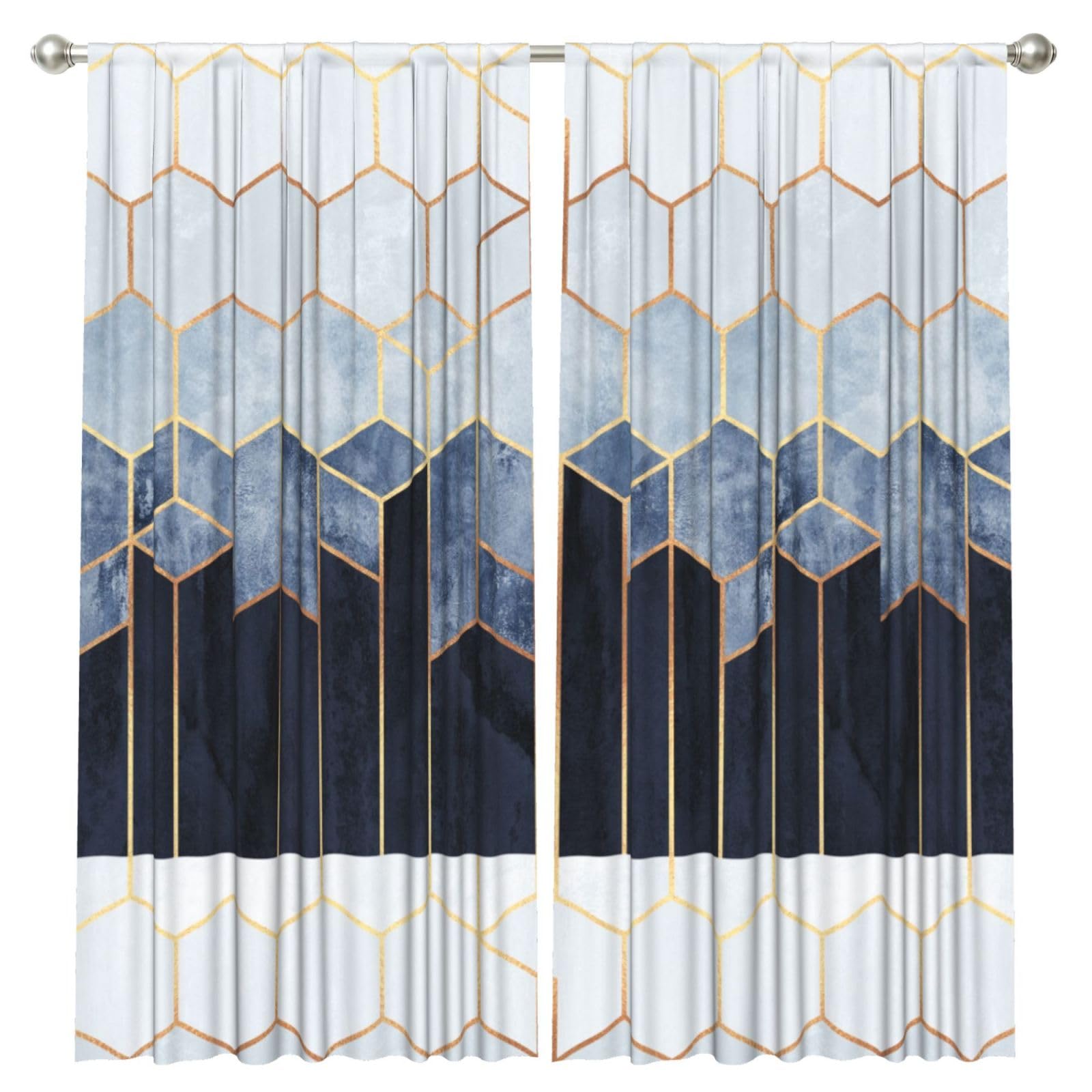 InOmak Blue Gold Geometric Design, 2 Panels Window Curtains 52 x 84 Inch Blackout Curtains for Living Room Bedroom