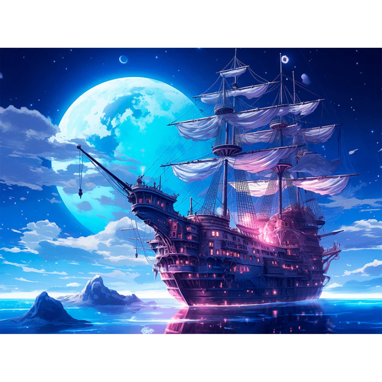 Moonlight Diamond Art Kits, 5D Sailing Ship Diamond Painting for Adults, DIY Night Sky Landscape Full Round Drill Gem Kits for Gift Home Wall Decor 12x16 Inch