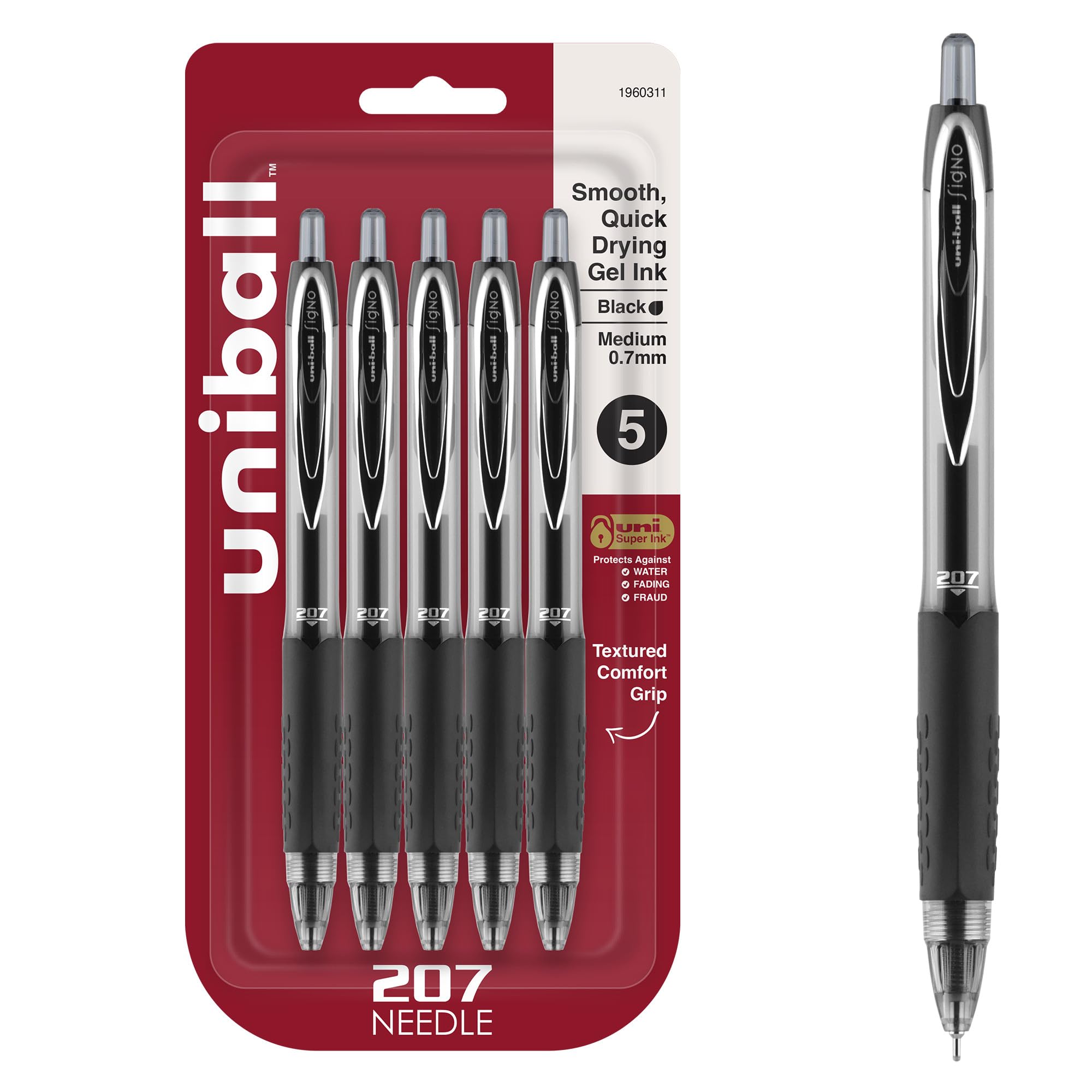 uni-ball 207 Gelschreiber, einziehbar, mittlere Spitze (0,7 mm), Schwarz, 5 Stück