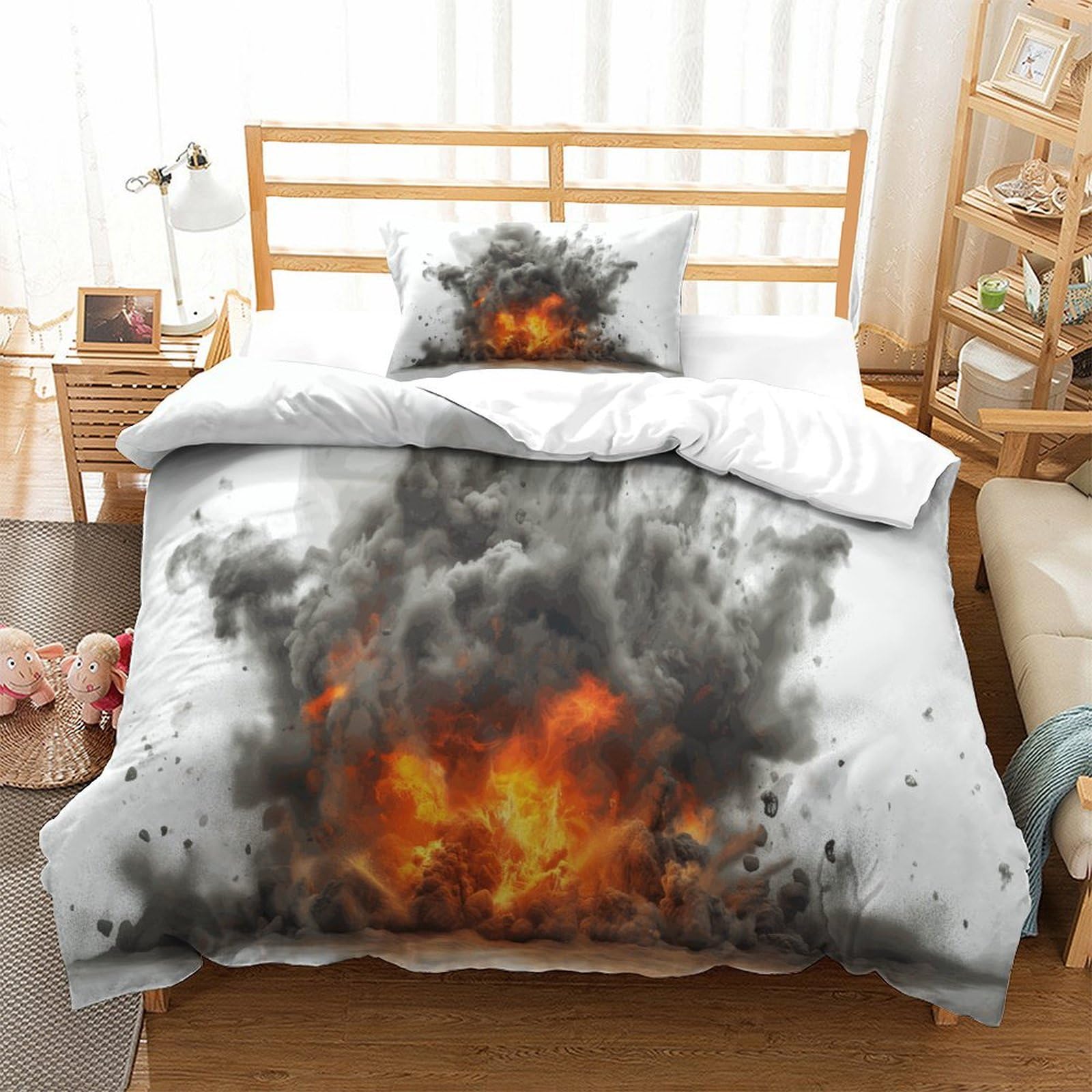 P1s9u7w5y Burning Fire-1 3D Printed Fire Smoke 3Pcs Microfiber Explosion Duvet Cover Set Bedroom Bedding Set Single（135X200cm）