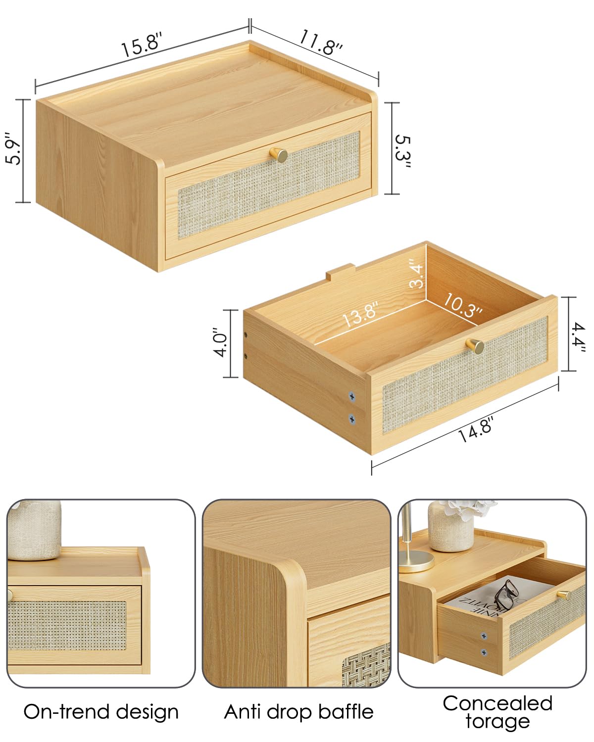 Mesita de noche flotante, mesita de noche montada en la pared con cajón, pequeños estantes flotantes, mesita de noche de madera flotante para dormitorio, sala de estar, baño 2