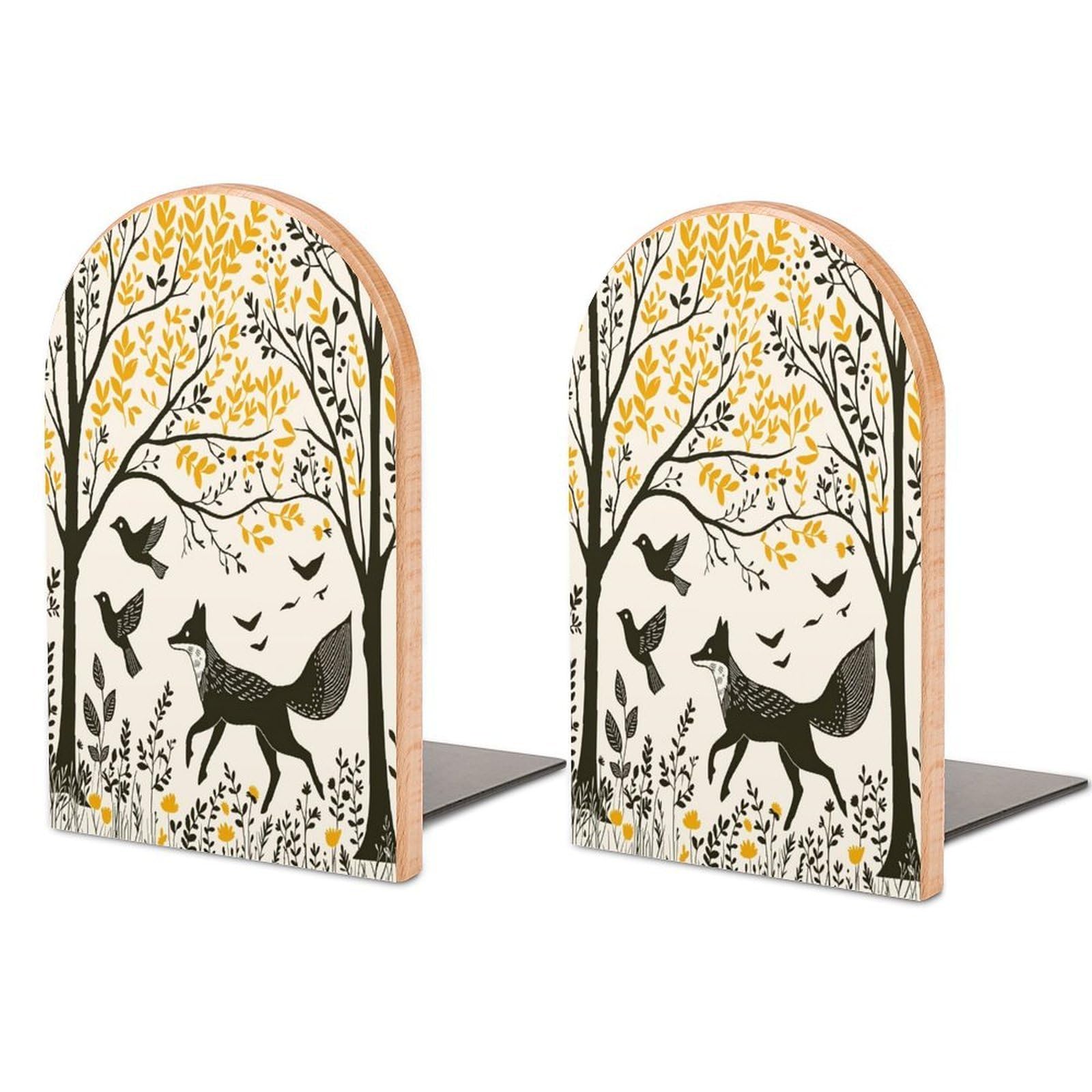 Fox Solid Beech Wood Bookends, Decorative Book Ends for Shelves, Non-Skid Desktop Book Organizer for Home Office, Library Decor (1 Pair, 4.7" X 6.7")