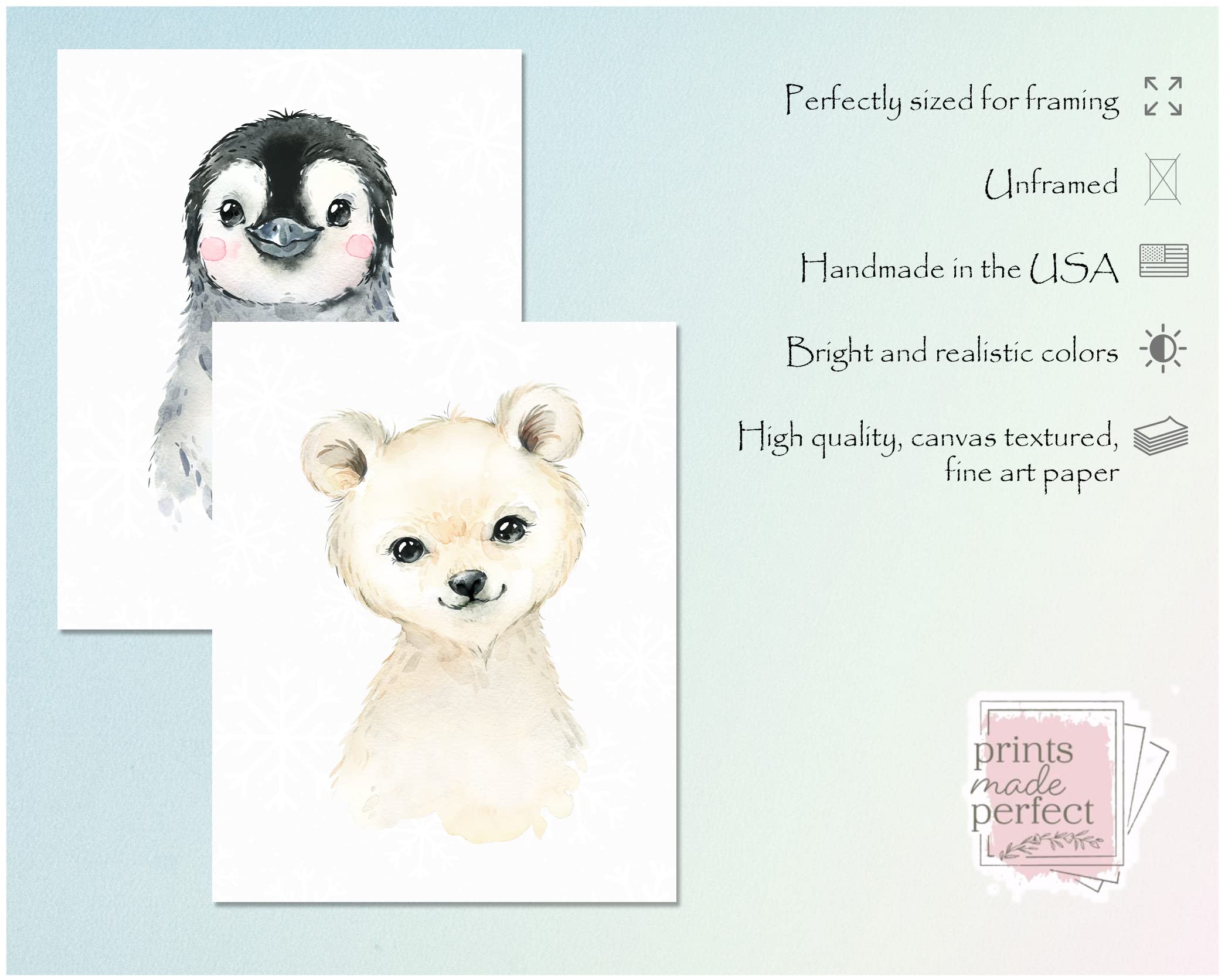 Arctic Baby Animals Wall Art Prints - Nursery Decor - Snow Theme Toddler Bedroom Decor - Set of 6-8x10 - Unframed - Watercolor