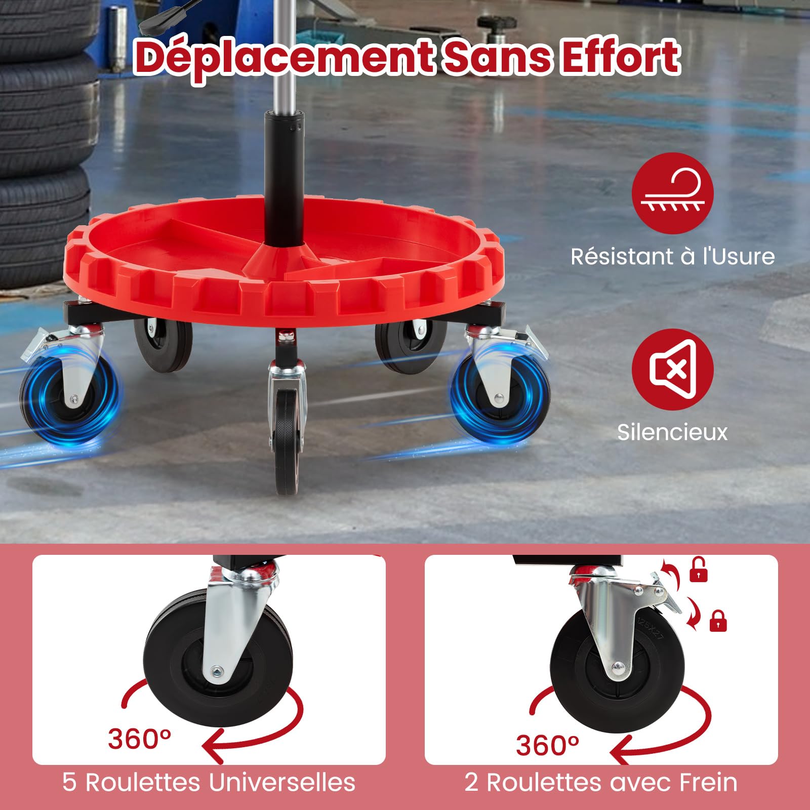 GYMAX Tabouret d'Atelier pour Mécanicien, Siège Rembourré Pivotant, Hauteur Réglable 71-83cm, Plateau pour Outils, 5 Roues Universelles Verouillables, pour Garage, Réparation, Charge 150 kg