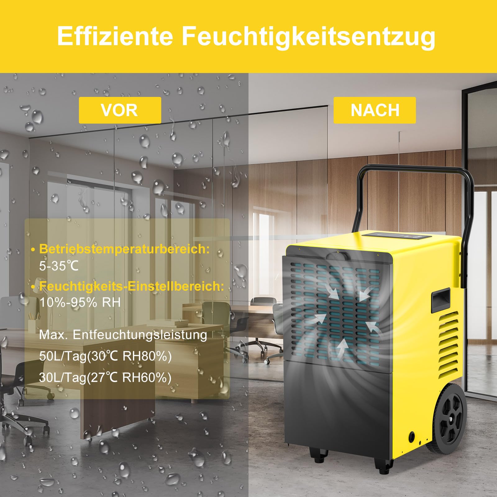 Bautrockner Luftentfeuchter Keller 50 L/Tag - 7L Großwassertank | Entfeuchter elektrisch für Baustellen, Keller & Große Räume bis 150 m²/380 m³, mit 24h Timer & Abtauautomatik