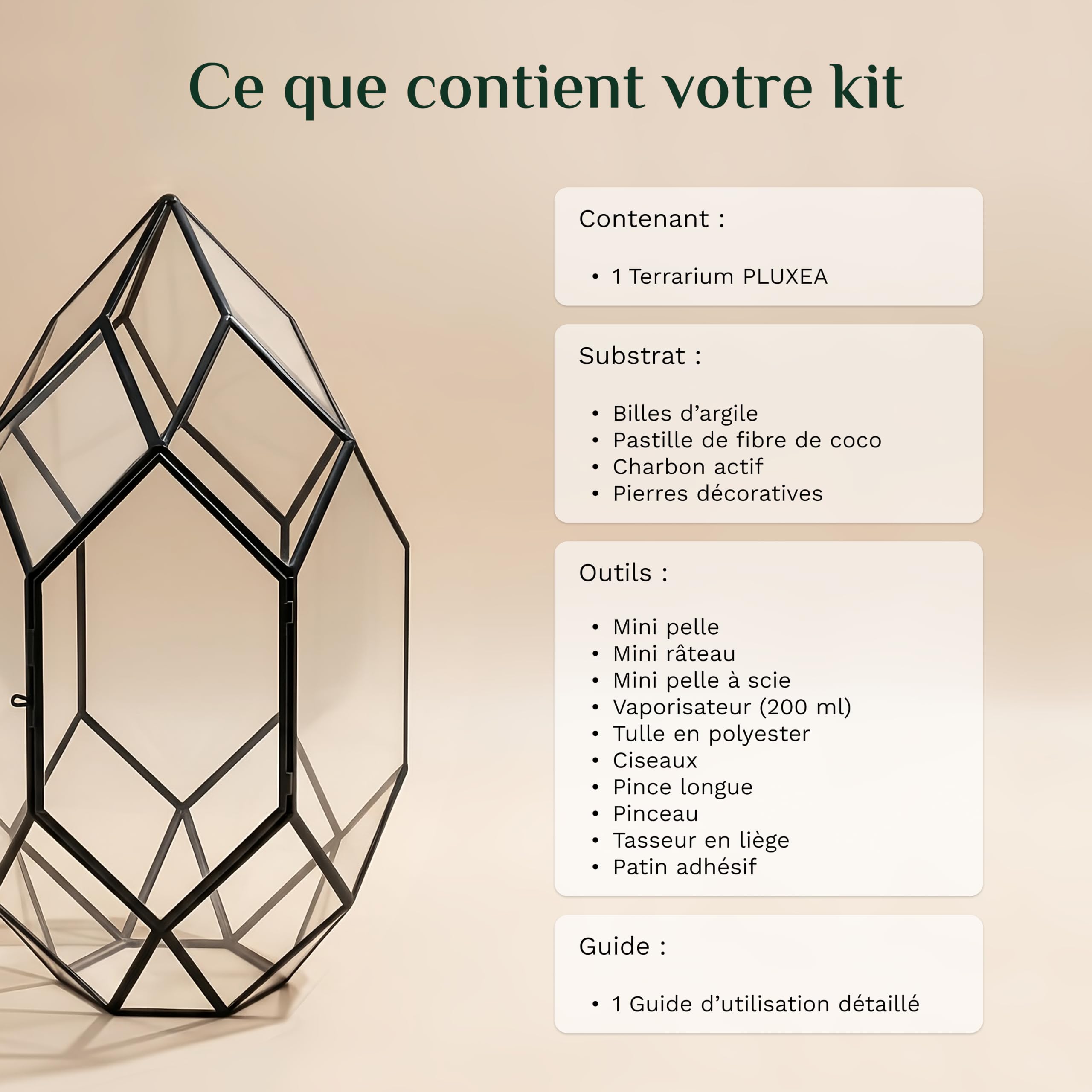 PLUXEA - Kit de Terrarium Complet DIY pour Plantes avec Substrat et 10 Outils Inclus - Structure en Verre Design Géométrique - Écosystème Autonome, Coffret Créatif (sans Plantes)