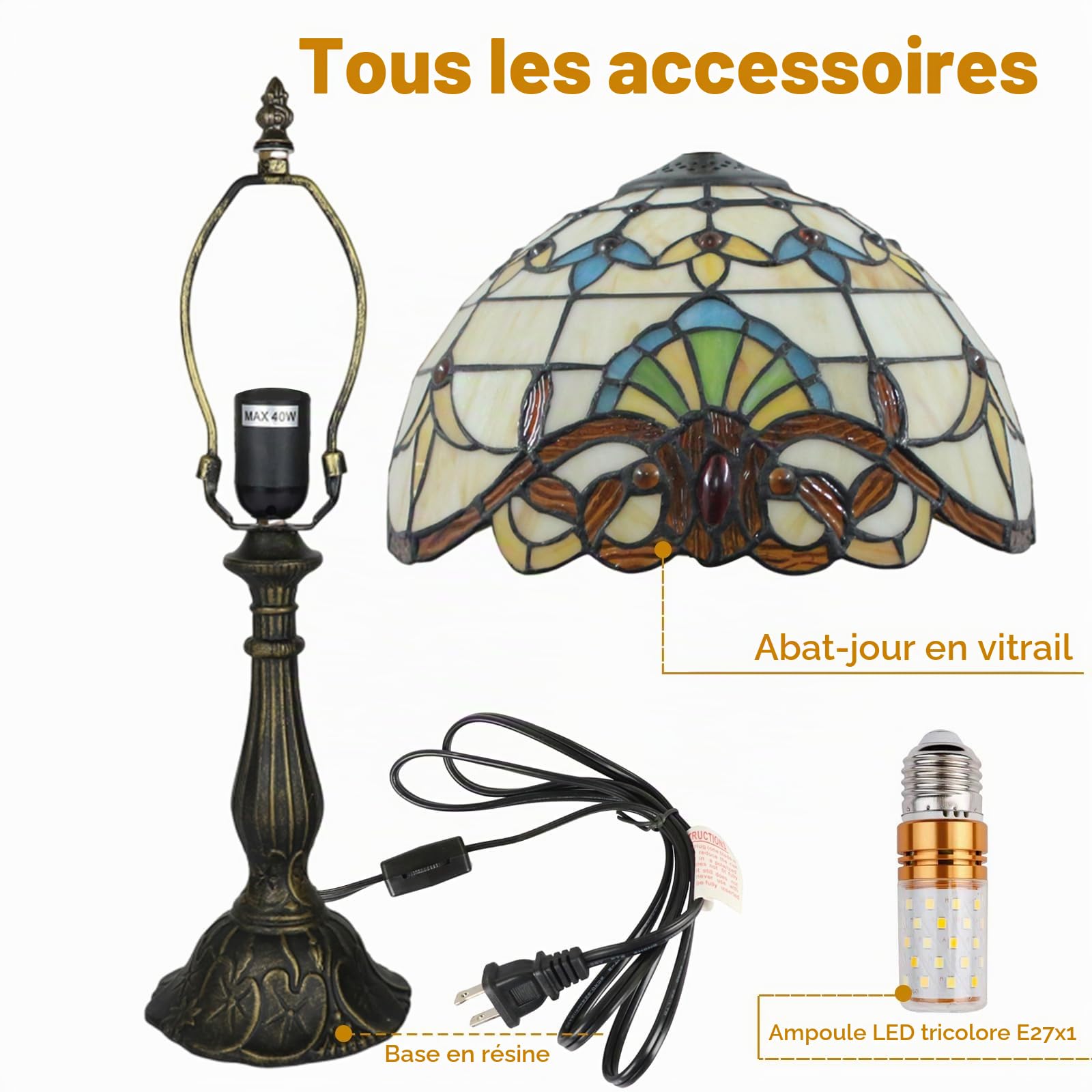 Lampe de table de 12 pouces Série baroque Abat-jour en verre teinté Lampe de chevet de style Tiffany Lecture Lampe de bureau antique Salon Chambre Bureau Vintage Art Déco Victorien