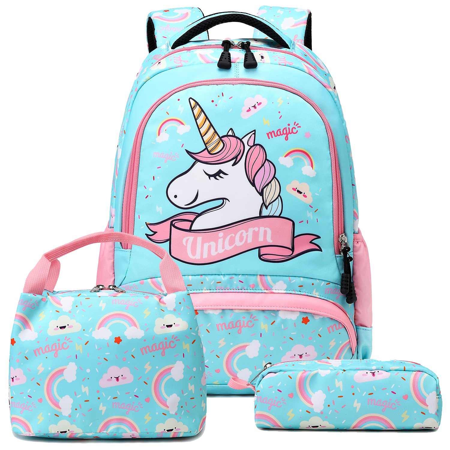 A AM SeaBlue Mochilas Niña Infantiles Mochila Unicornio Niño Mochilas Niñas Escolares Primaria Cute 3 in 1 Girls Backpack Set,Bolsas Escolares Para Niña