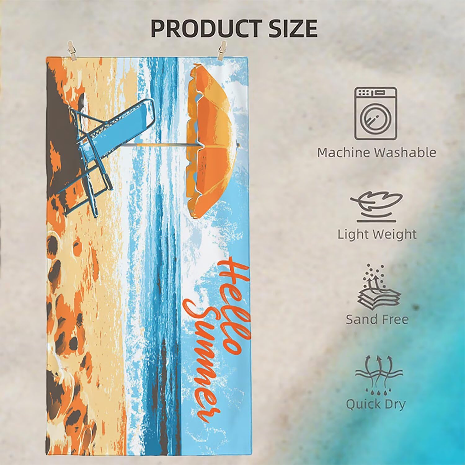 Telo Mare Microfibra Grande 150x200 Blu Onde Antisabbia Asciugatura Rapida Telo Mare, Leggero Asciugamano Sportivo, Donna Uomo Portatile Coperta da Spiaggia, Perfetto per Viaggi, Campeggio a-499