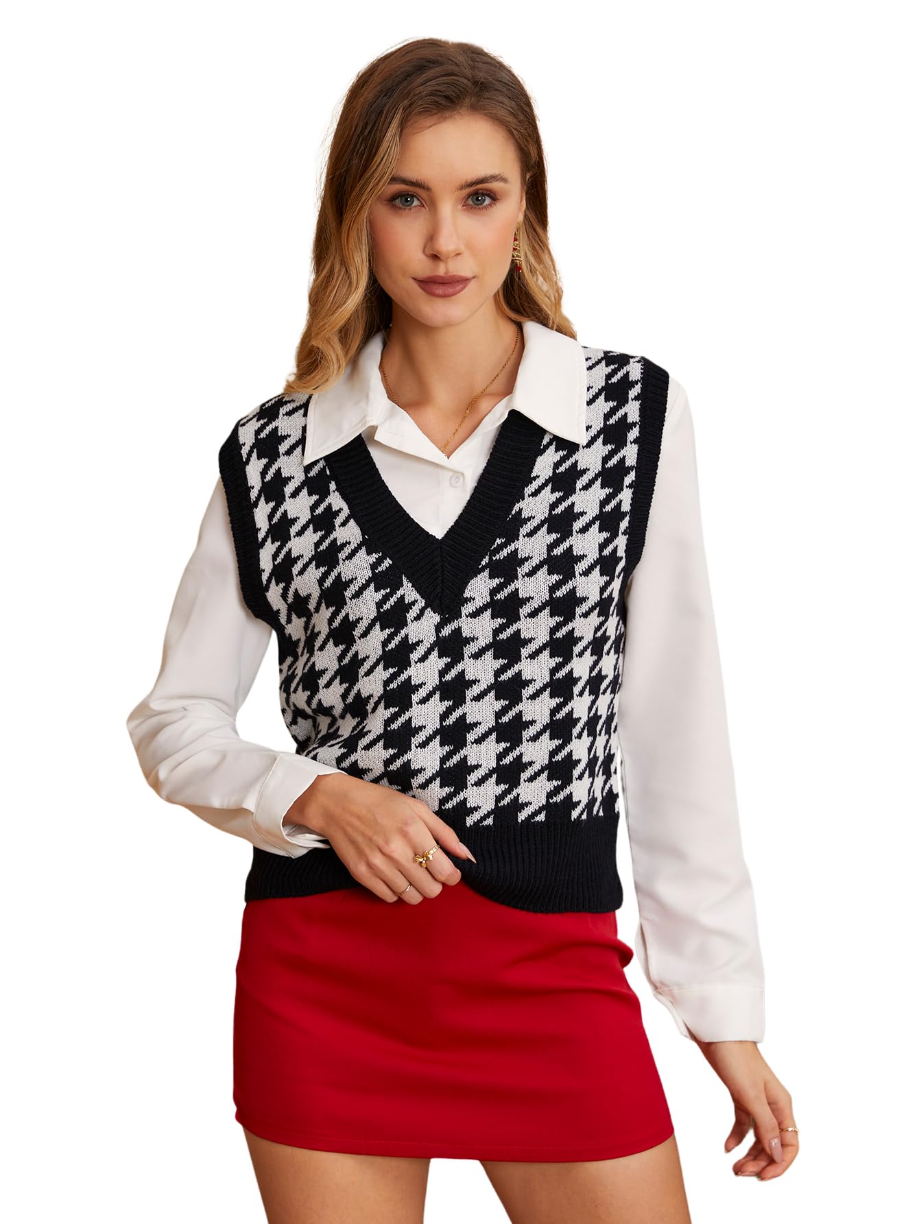 SweatyRocks Womens Sleeveless V Neck Knit Sweater Vest Houndstooth Crop Tank Top