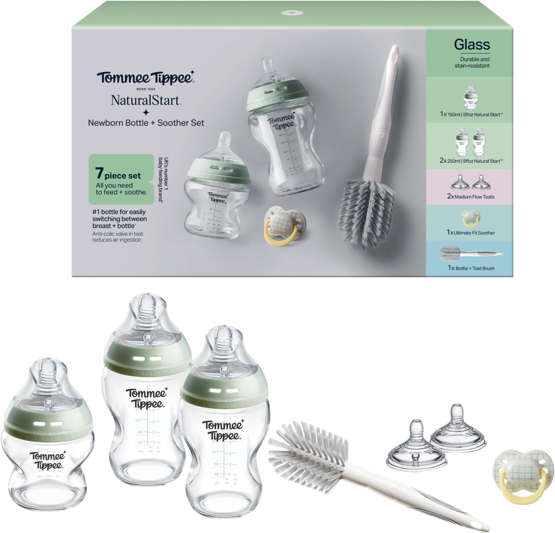 Natural Start Glass Newborn Starter Set, 150ml and 250ml Anti-Colic Baby Bottles, Slow and Medium Flow Breast-Like Teats for a Natural Latch, Self-Sterilising