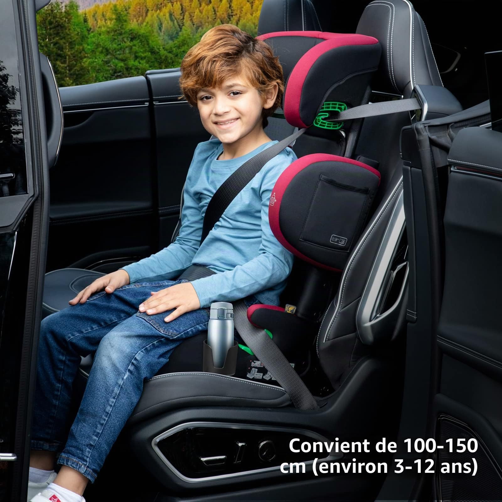 globalkids Siège auto pour enfant, de 15 à 36 kg, avec Isofix, rehausseur i-Size R129, d'environ 3,5 à 12 ans (100 à 150 cm), accoudoirs et appui-tête réglables en hauteur, léger, avec porte-gobelet