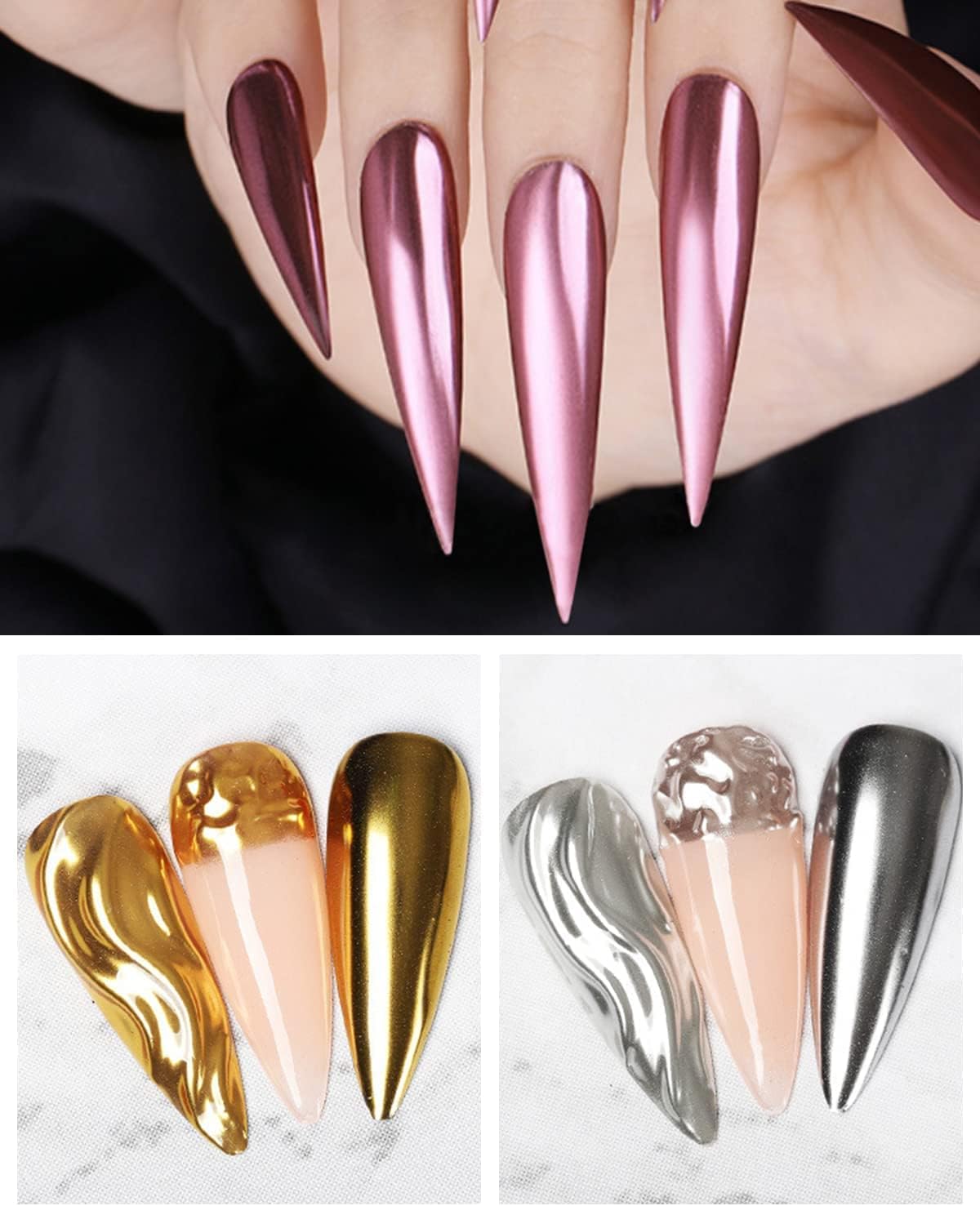 KIRA Store Colors Chrome Nail Powder Set, Reflective Glitter Metallic Mirror Effect for Nails Art Design 3D Holographic Silver Rose Gold Pigment (3- PCS, Gold - Silver- Rose Gold) - Image 6 thumbnail