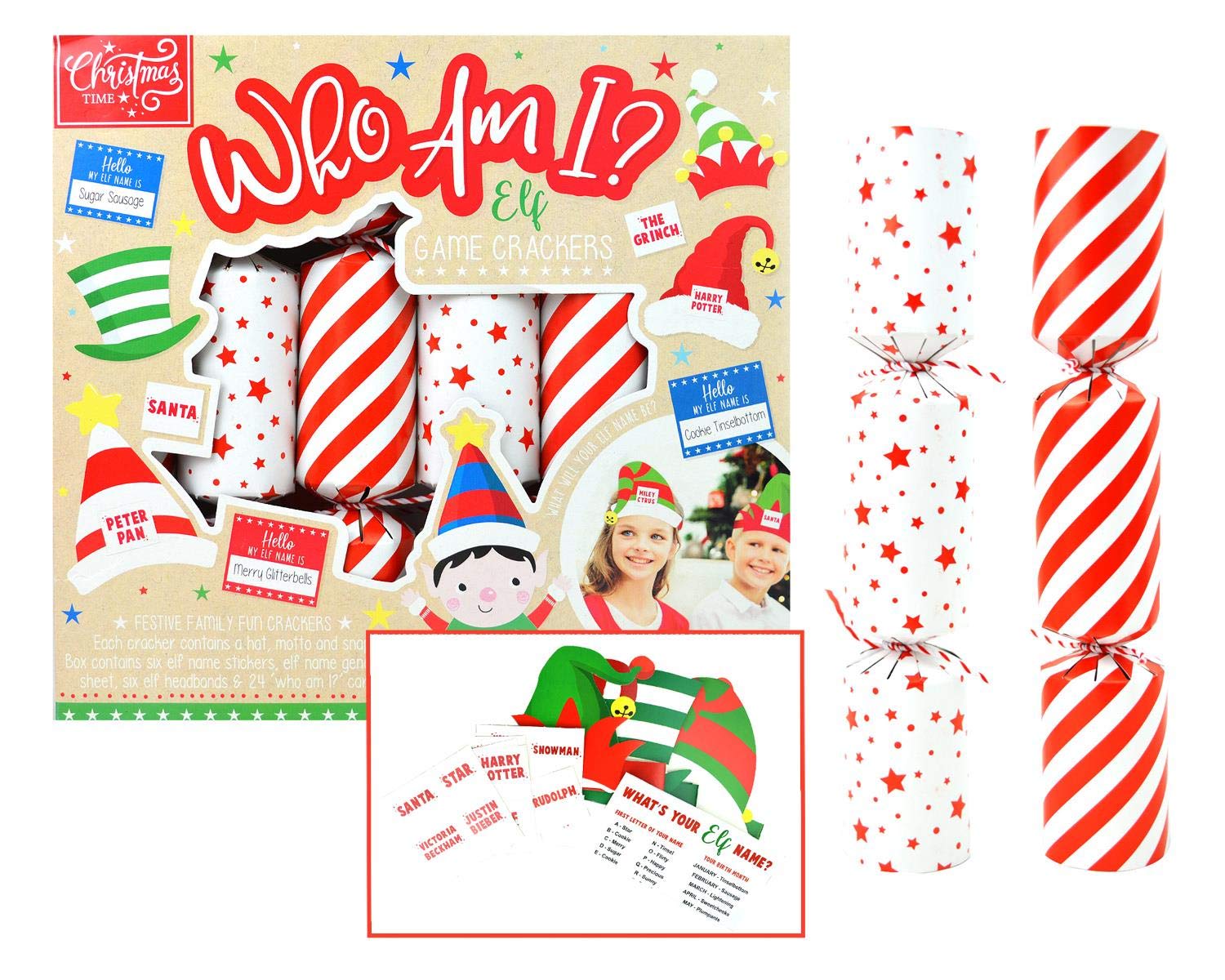 Yöl Multicolor 6 Christmas Crackers Who Am I Elf Family Game Xmas Hat Snap Motto Headbands Stickers