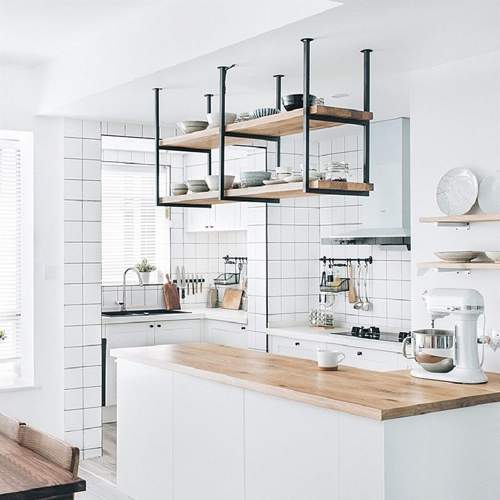 Mensola a Soffitto Mensole Galleggianti Industriali a 2 Livelli, Scaffale divisorio in Legno in Stile Europeo Mensola a Soffitto in Ferro, Installazione sospesa, per Sala da Pranzo/Bar/Cucin