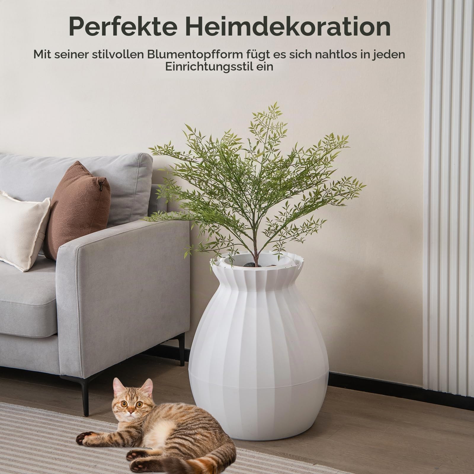 FANTASK 2 in 1 Katzentoilette, 63L intelligente Geruchsbeseitigung & Sterilisation mit Türvorhang, Blumentopf-Stil mit Kunstpflanze, Kieselsteinen & Schaufel