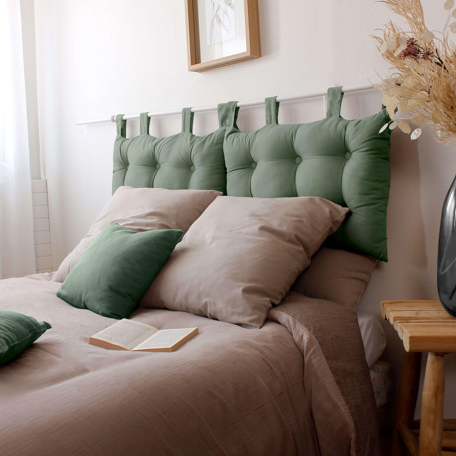 Testiera da parete, 70 x 45 cm, verde cachi, da appendere, cuscino trapuntato, 100% cotone, collezione Panama, Enjoy Home