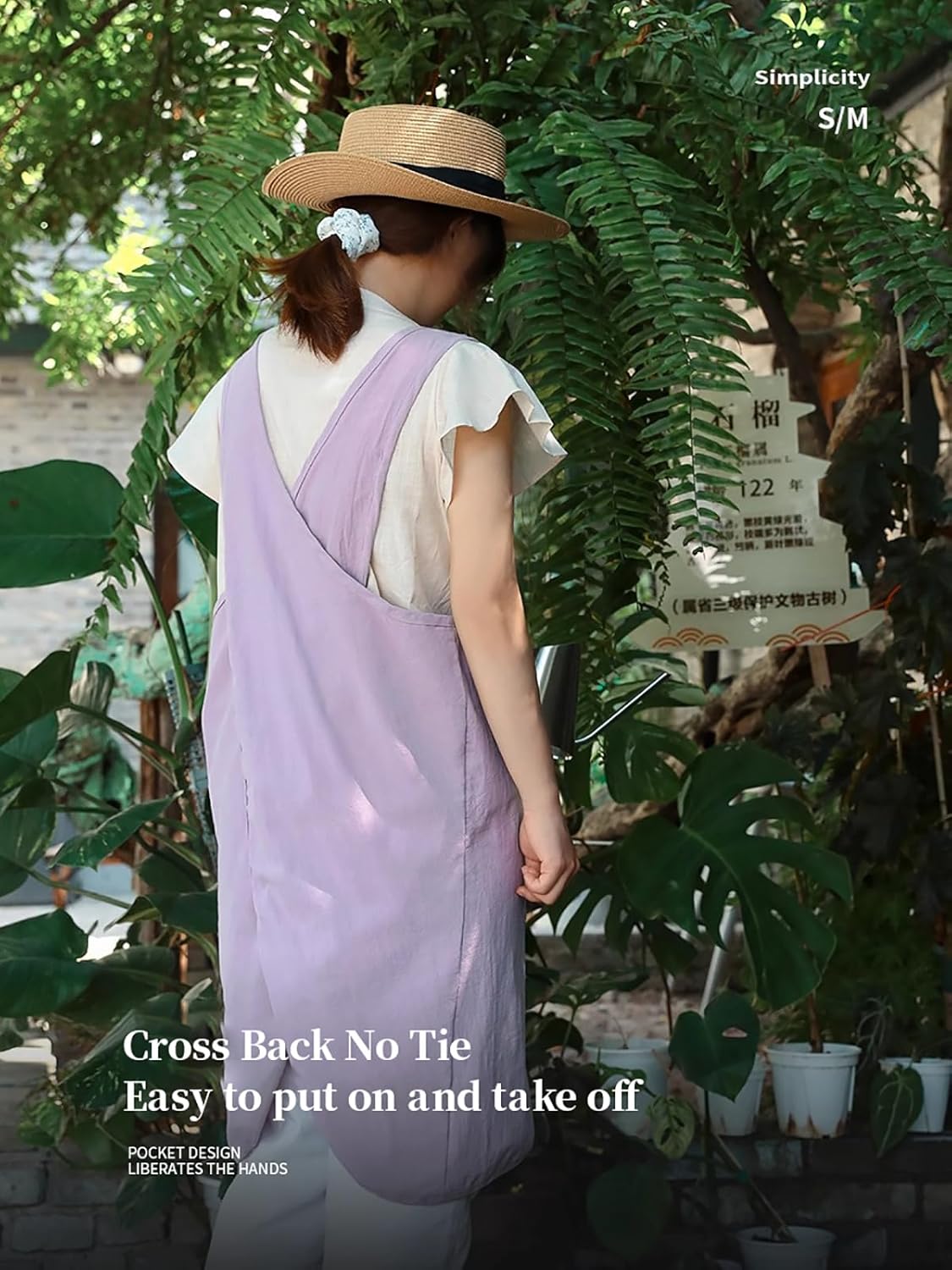 Welan Cotton Linen Apron for Women with Pockets, Cross Back No Tie Pinafore for Kitchen Cooking Garden (3 Colors) - Image 4