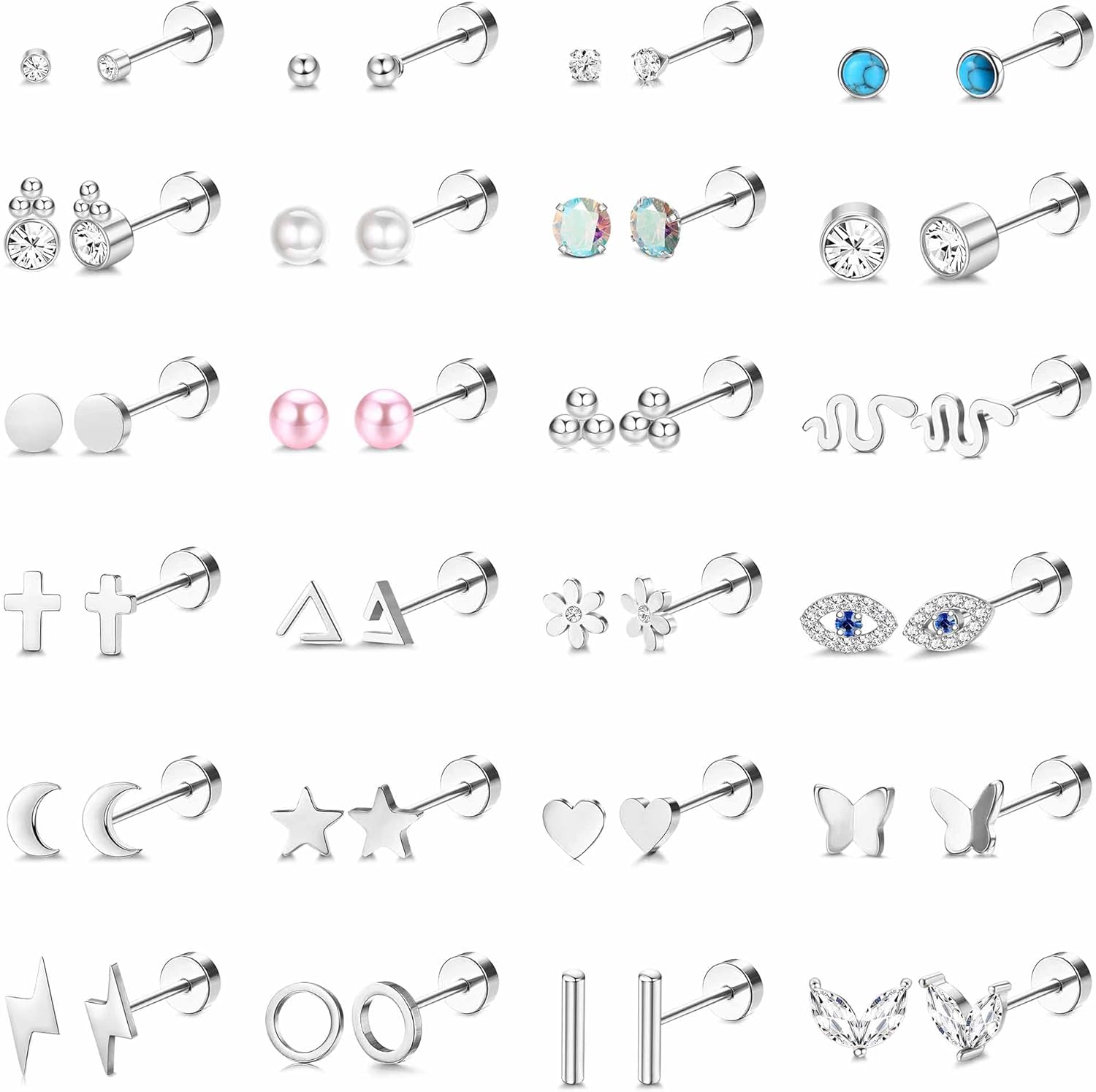 LOLIAS 24Pairs Flat Back Earrings for Women 20G Stainless Steel Stud Earrings Heart