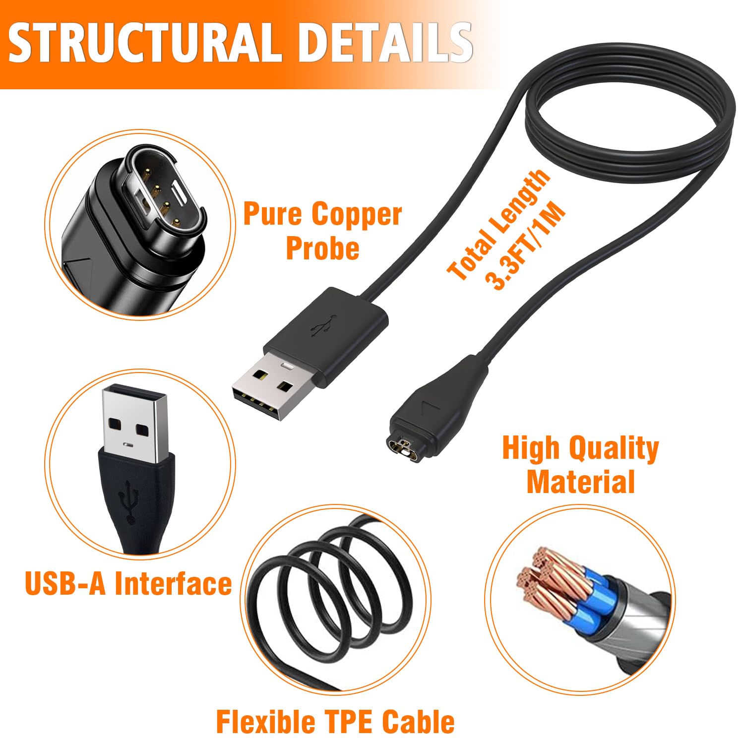 HUAREW Charger Cable Compatible for G-Armin Watch Charger Cable Compatible for Fenix 7 7S 6 6S Pro 5 5S 5X Plus, Forerunner 745 935 945, Vivoactive 3 4S, Vivomove 3 3S,Approach S40 S60(3 pcs 3.3ft)